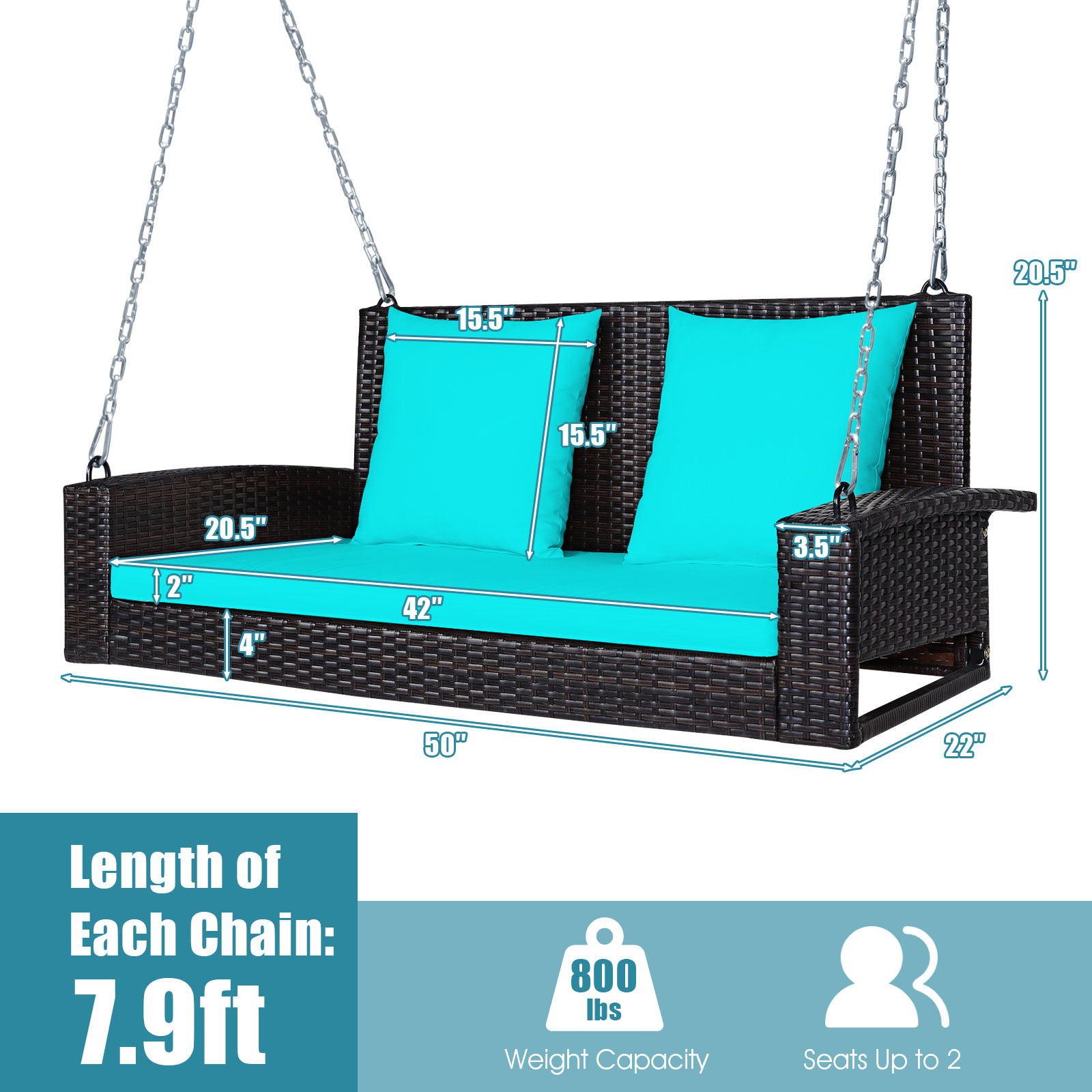 2-Person Patio Rattan Hanging Porch Swing Bench Chair Cushion - Picture 10 of 16