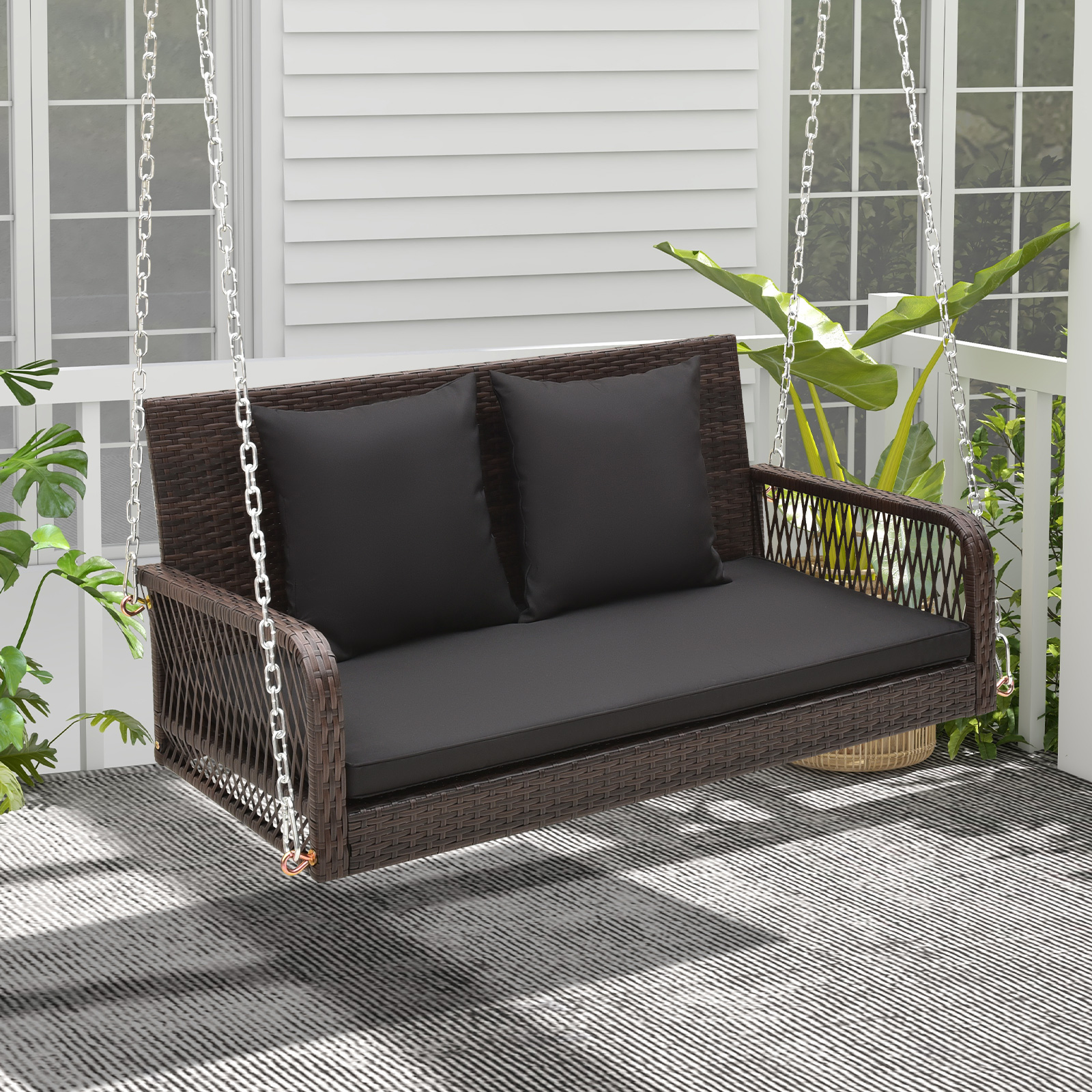 Patio Wicker Porch Swing 2-Person Hanging Loveseat Bench Chair w/ Cushions - Picture 8 of 14