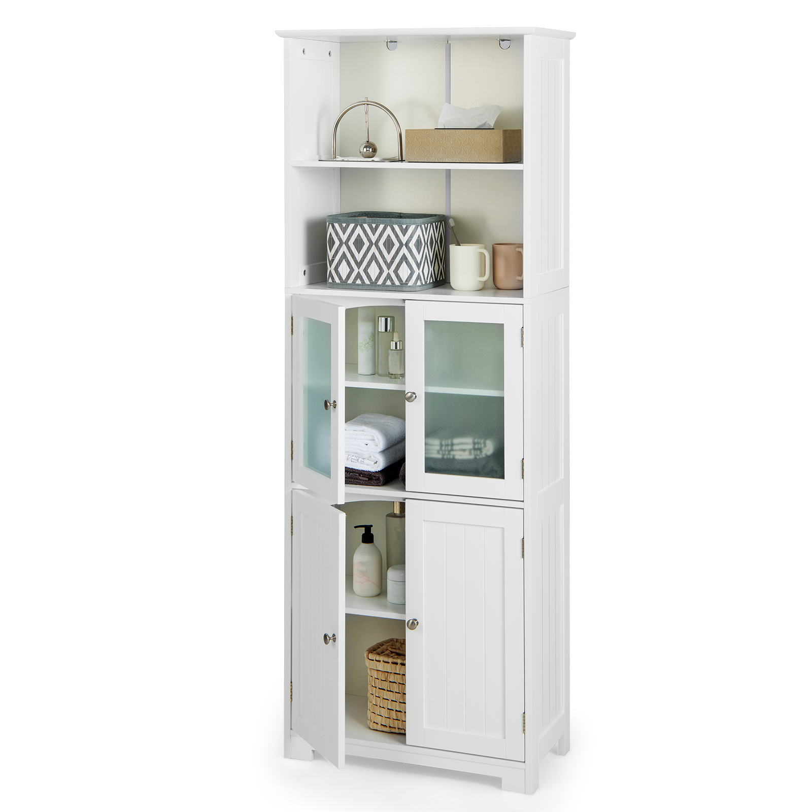 Bathroom Tall Storage Cabinet Linen Tower w/ Glass Door & Adjustable Shelf - Picture 20 of 20