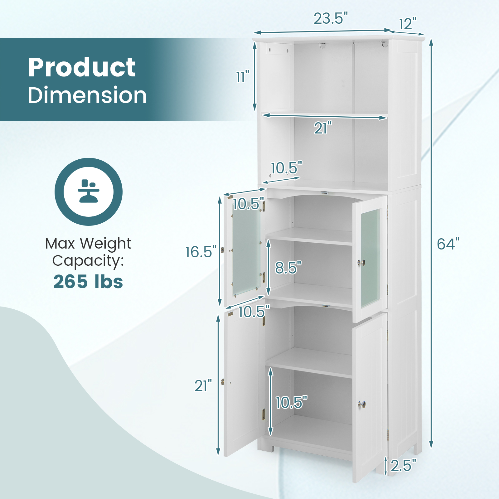 Bathroom Tall Storage Cabinet Linen Tower w/ Glass Door & Adjustable Shelf - Picture 12 of 20