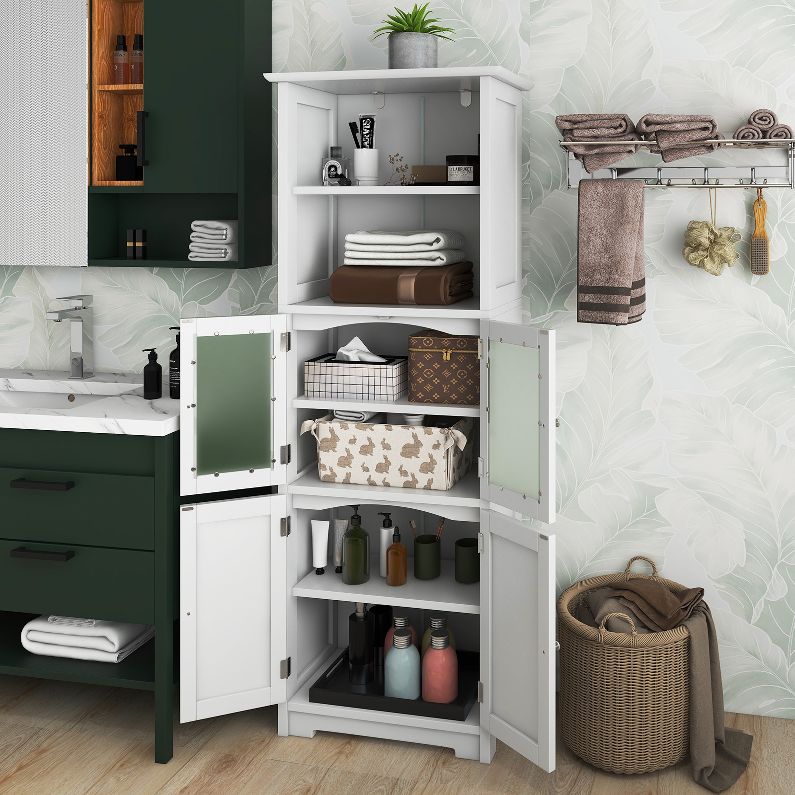 Bathroom Tall Storage Cabinet Linen Tower w/ Glass Door & Adjustable Shelf - Picture 13 of 20