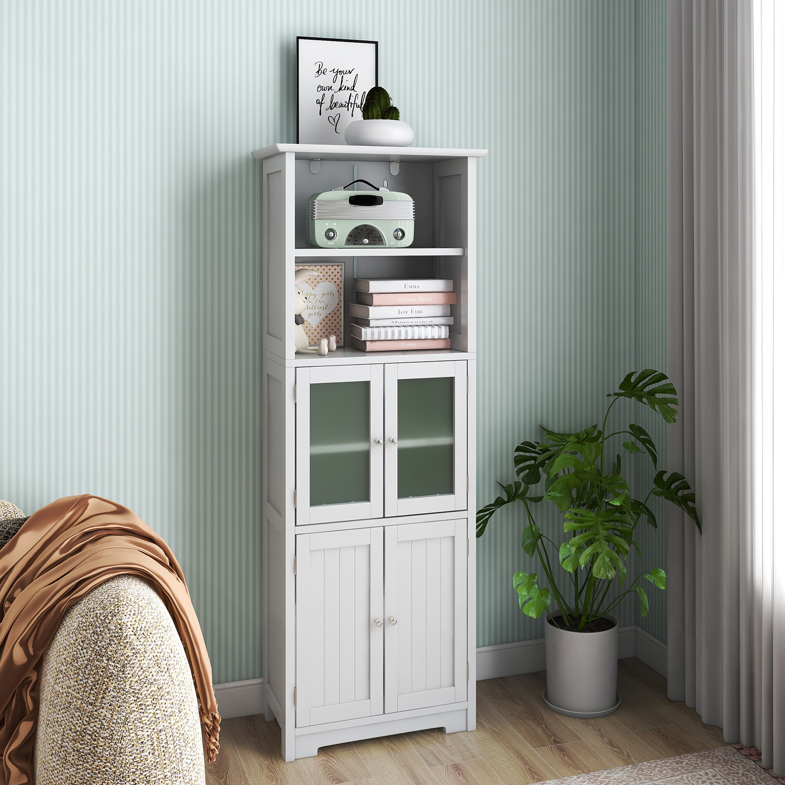 Bathroom Tall Storage Cabinet Linen Tower w/ Glass Door & Adjustable Shelf - Picture 14 of 20