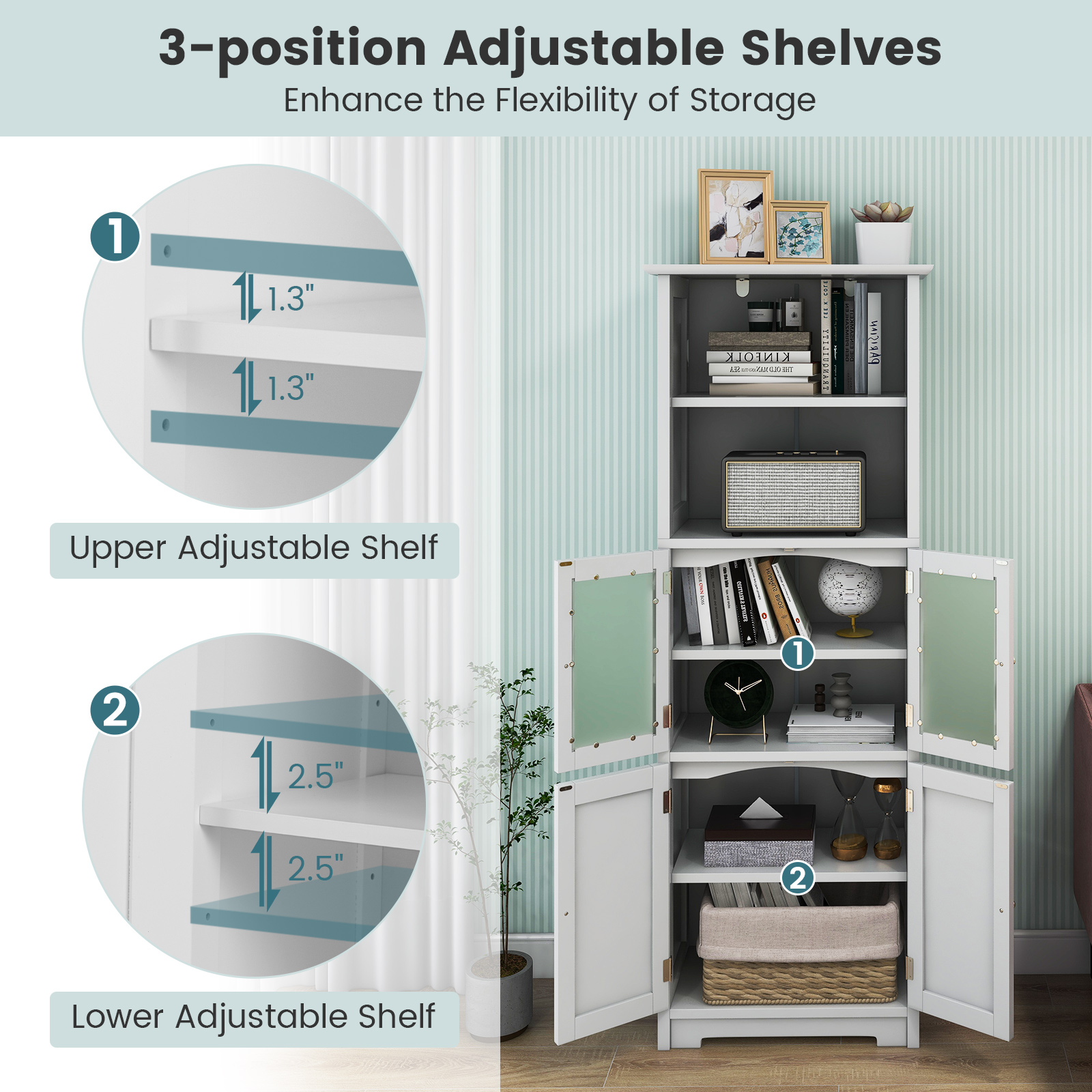 Bathroom Tall Storage Cabinet Linen Tower w/ Glass Door & Adjustable Shelf - Picture 15 of 20