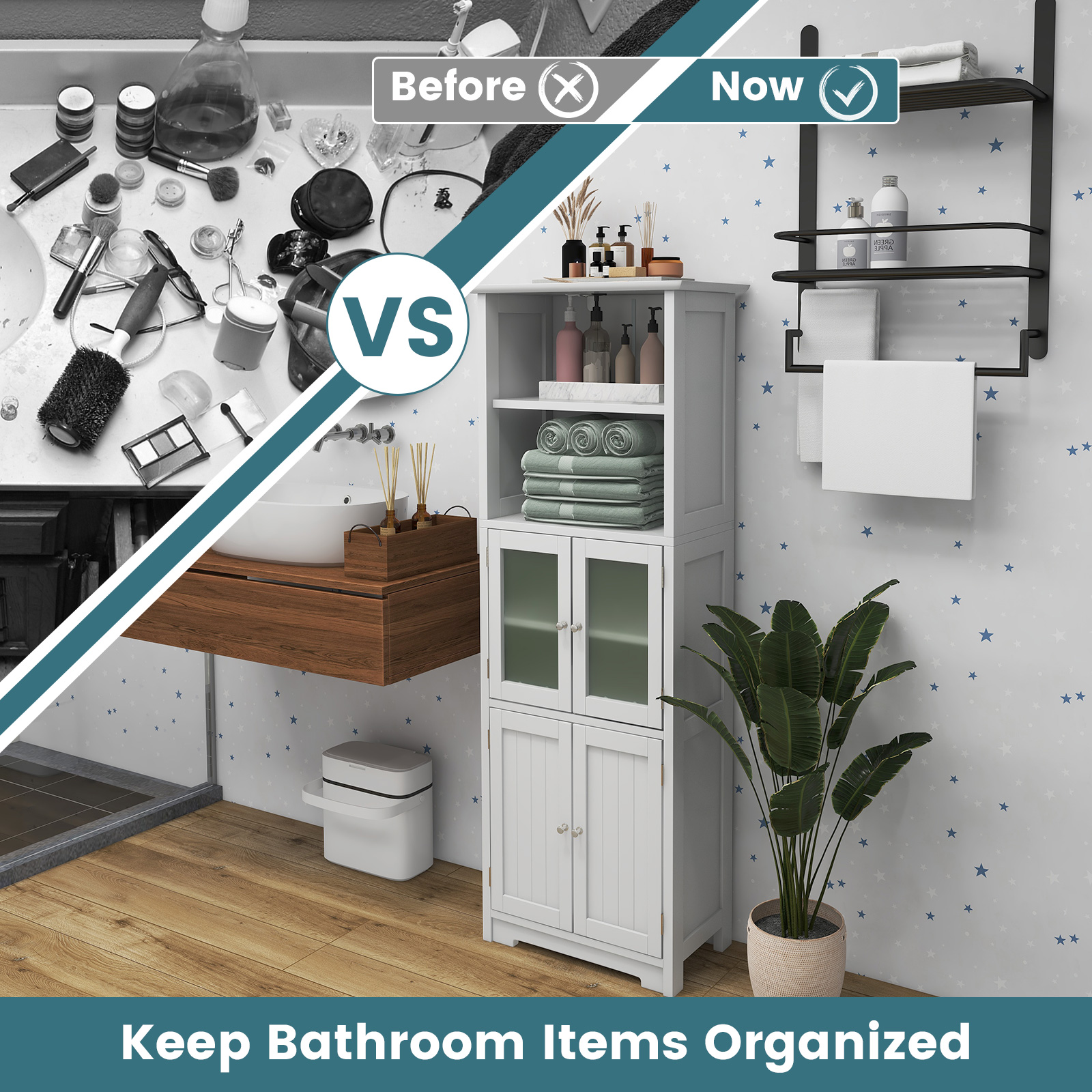 Bathroom Tall Storage Cabinet Linen Tower w/ Glass Door & Adjustable Shelf - Picture 16 of 20