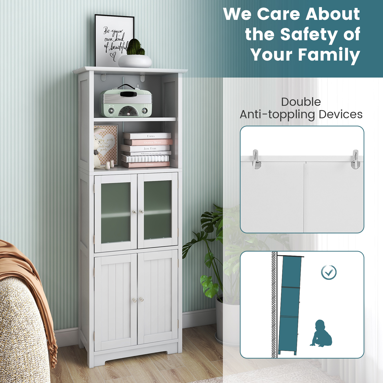 Bathroom Tall Storage Cabinet Linen Tower w/ Glass Door & Adjustable Shelf - Picture 17 of 20