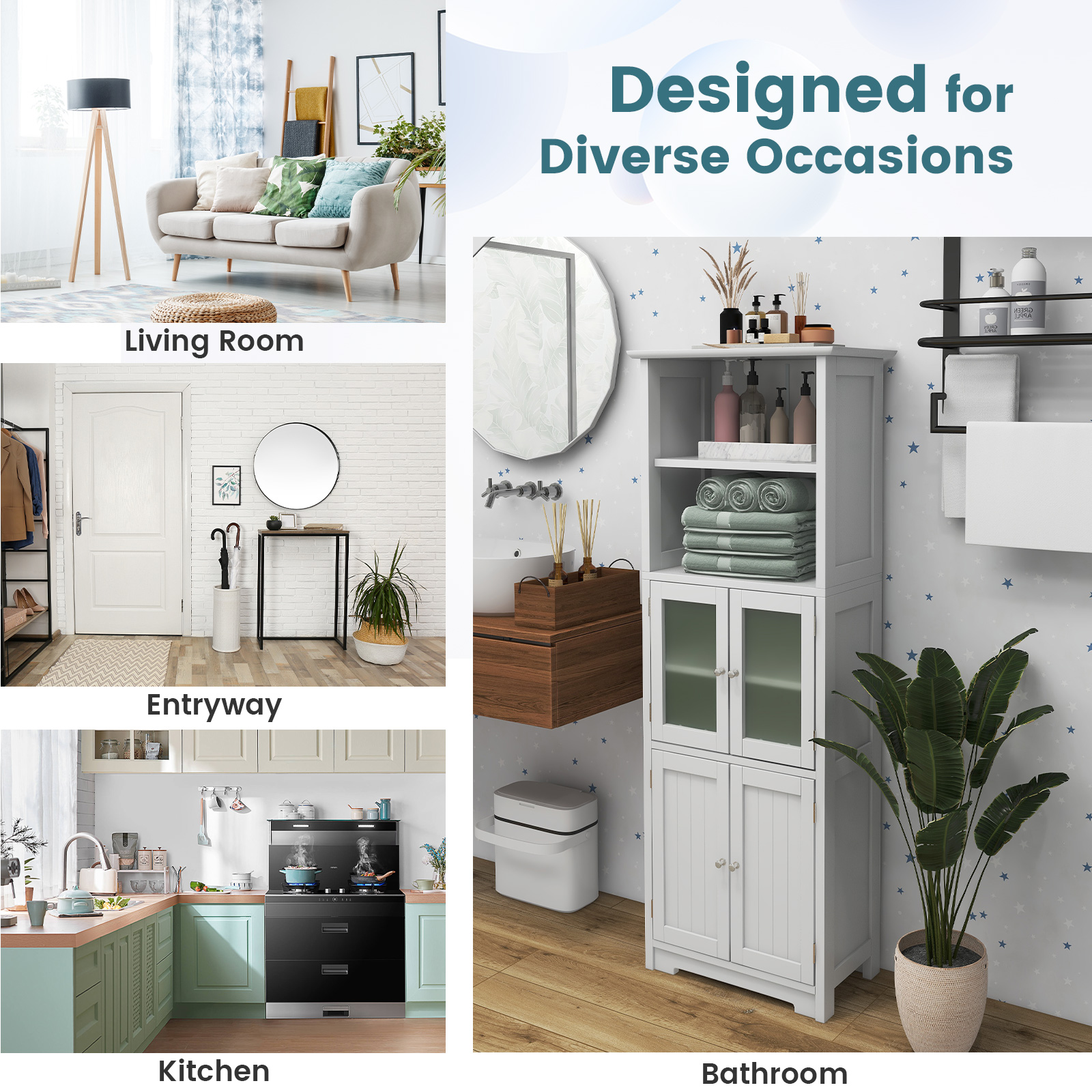 Bathroom Tall Storage Cabinet Linen Tower w/ Glass Door & Adjustable Shelf - Picture 18 of 20