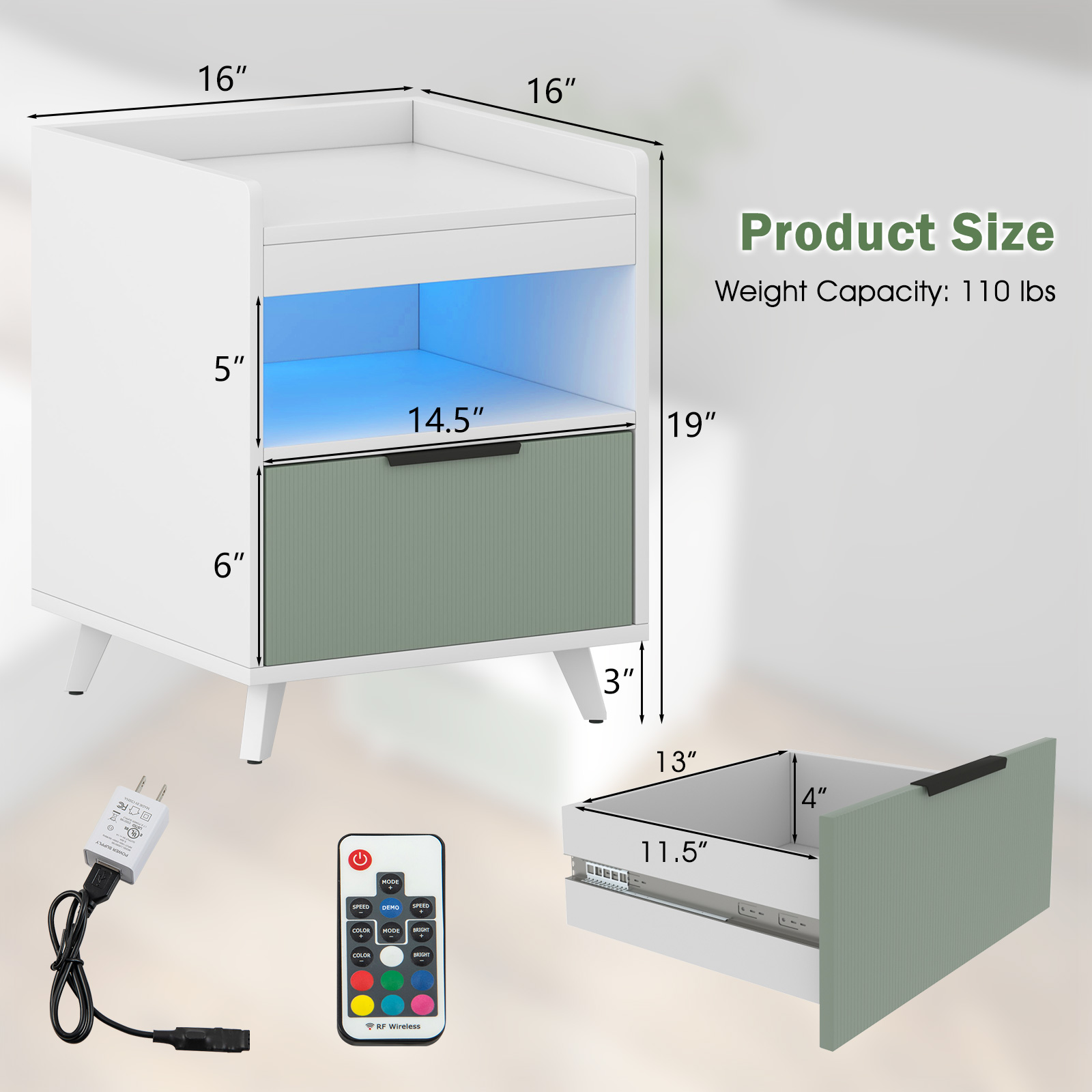 Costway 2 PCS Nightstand Modern Beside End Table w/ LED Lights Open Compartment