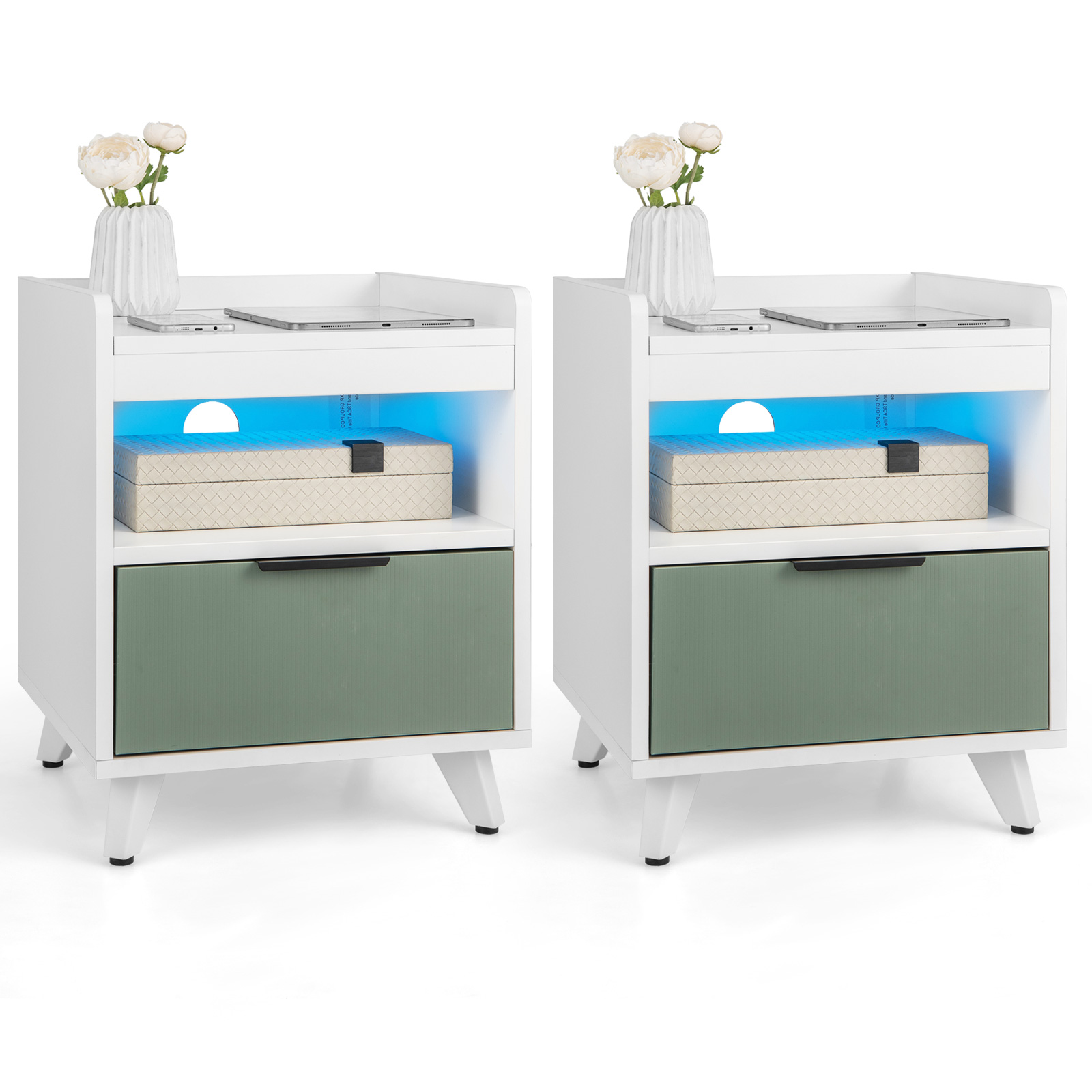 Costway 2 PCS Nightstand Modern Beside End Table w/ LED Lights Open Compartment