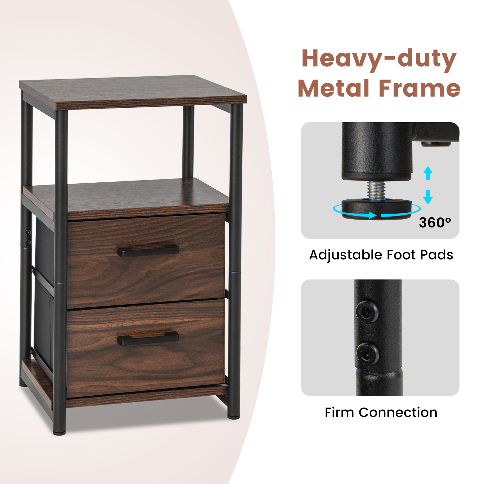2 PCS Nightstand Bedside End Table w/2 Fabric Drawers & Storage Shelf