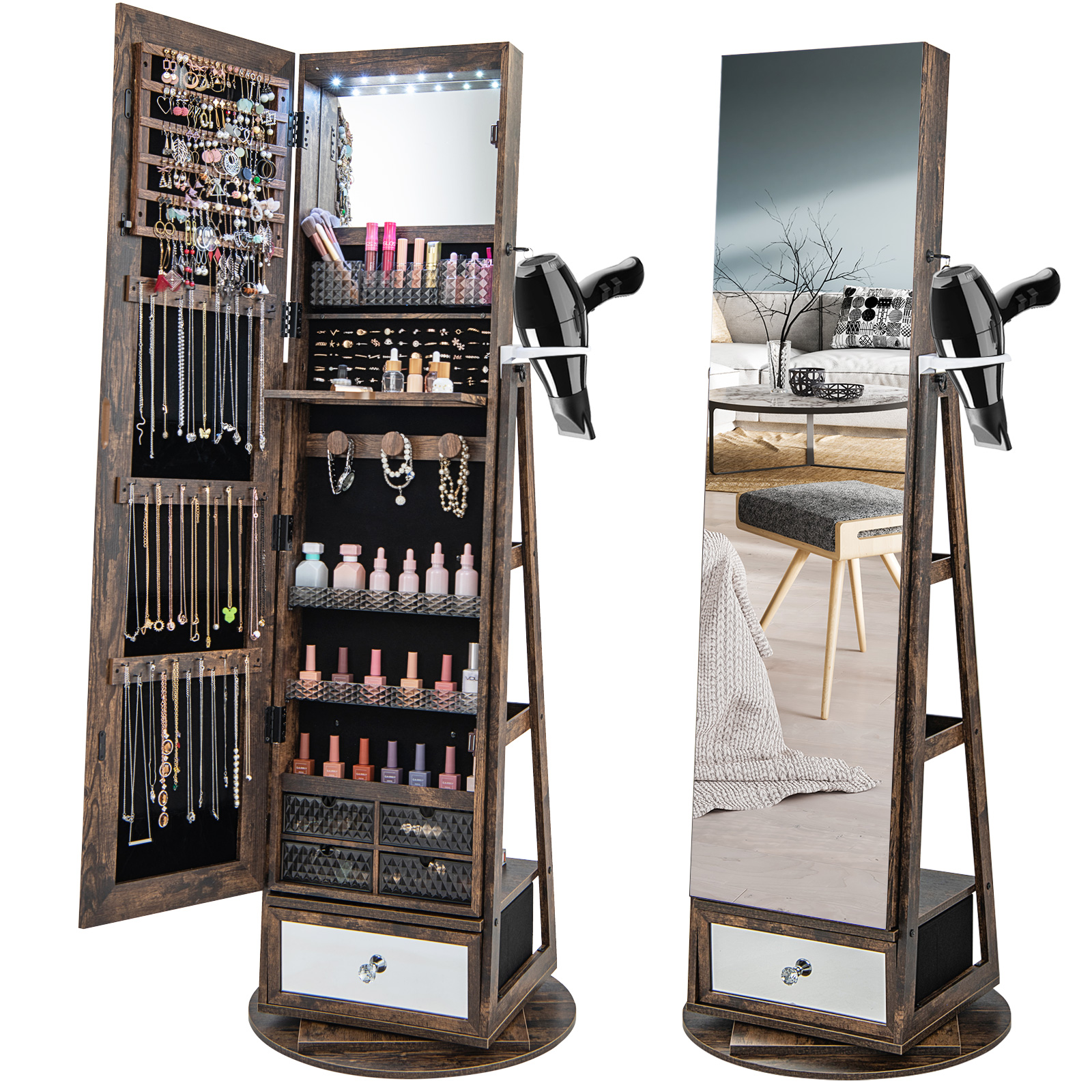 Gabinete de joyería con luz LED giratoria 360° con espejo de longitud completa y estantes de almacenamiento - Imagen 10 de 27