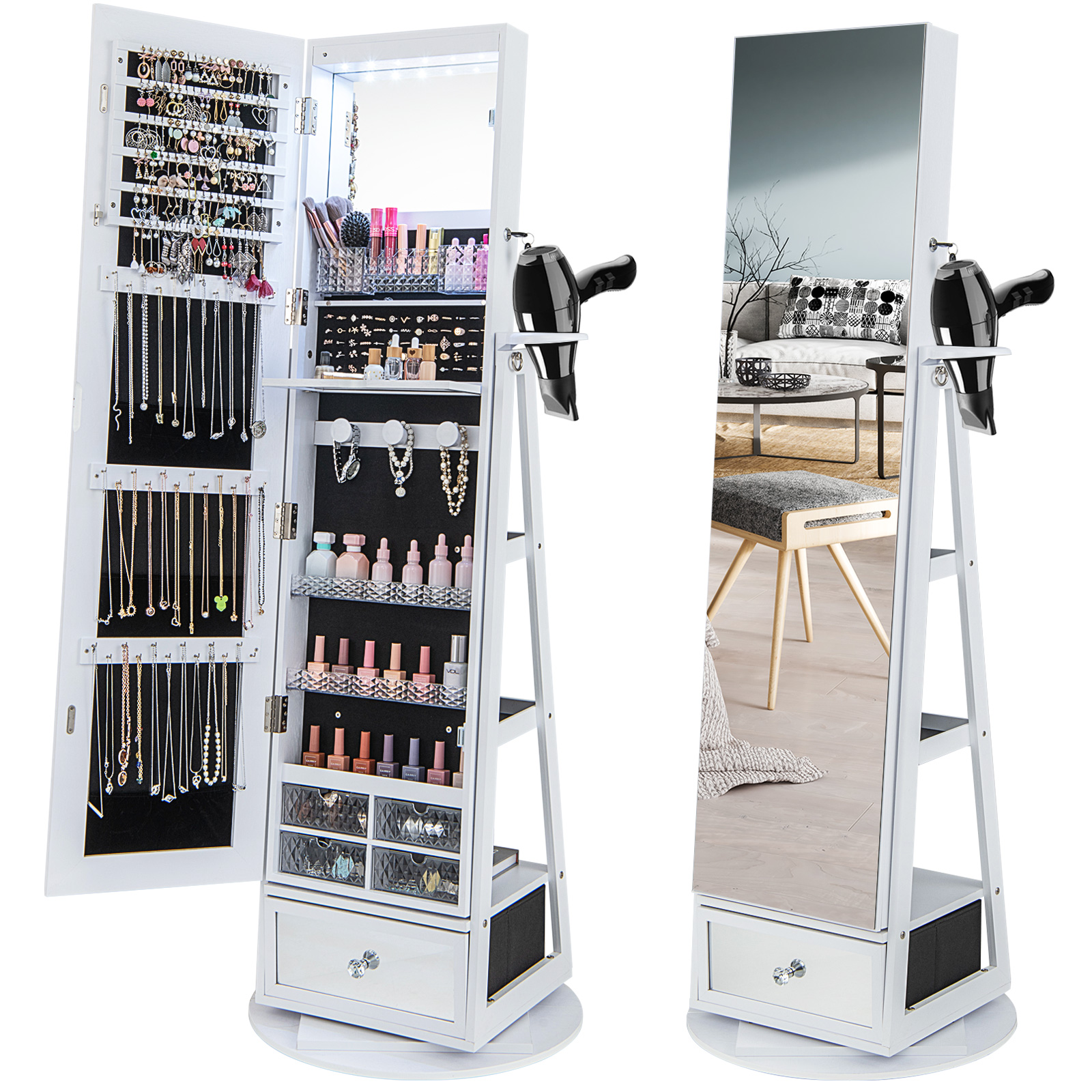 Gabinete de joyería con luz LED giratoria 360° con espejo de longitud completa y estantes de almacenamiento - Imagen 19 de 27