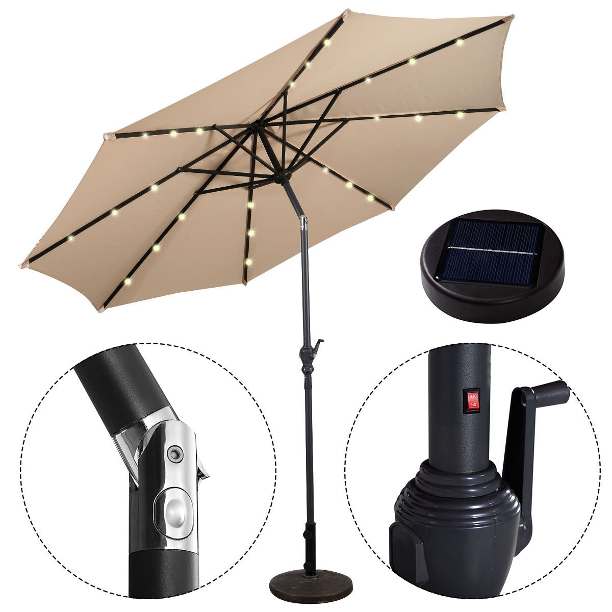 10FT Patio Solar Umbrella LED Patio Market Steel Tilt W/ Crank Outdoor - Picture 20 of 30