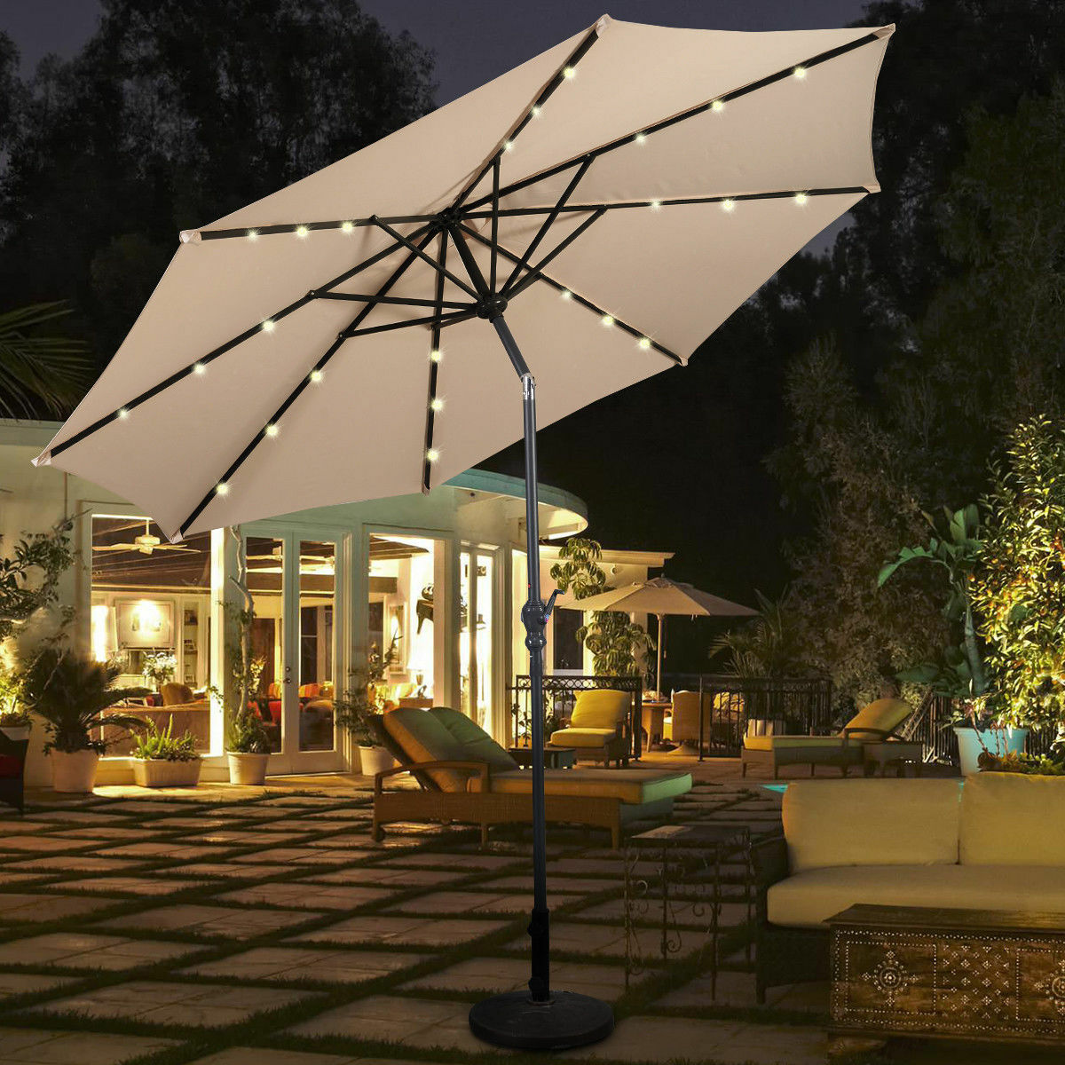 10FT Patio Solar Umbrella LED Patio Market Steel Tilt W/ Crank Outdoor - Picture 11 of 30