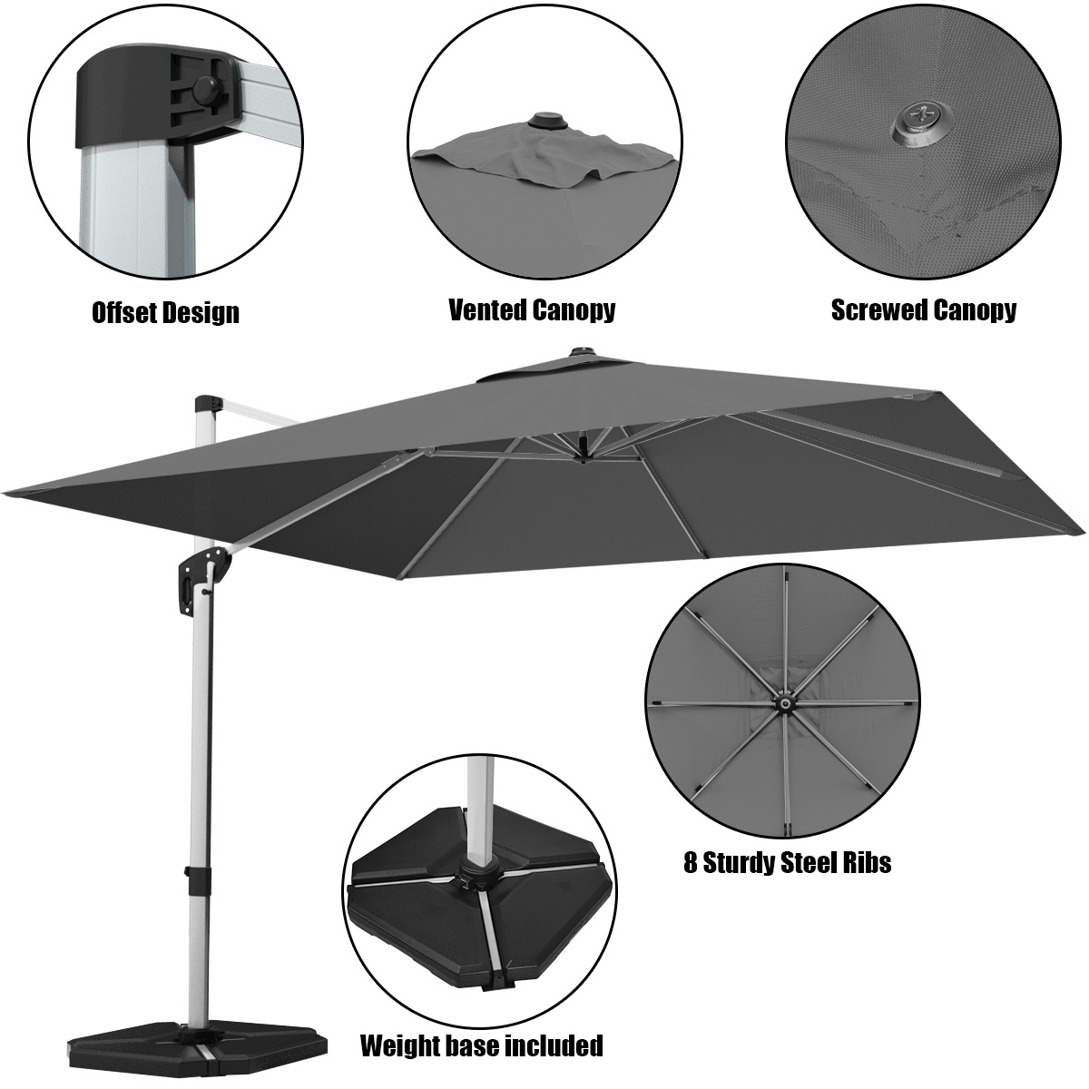 10Ft Patio Offset Cantilever Umbrella 360° Rotation Aluminum w/ Weight