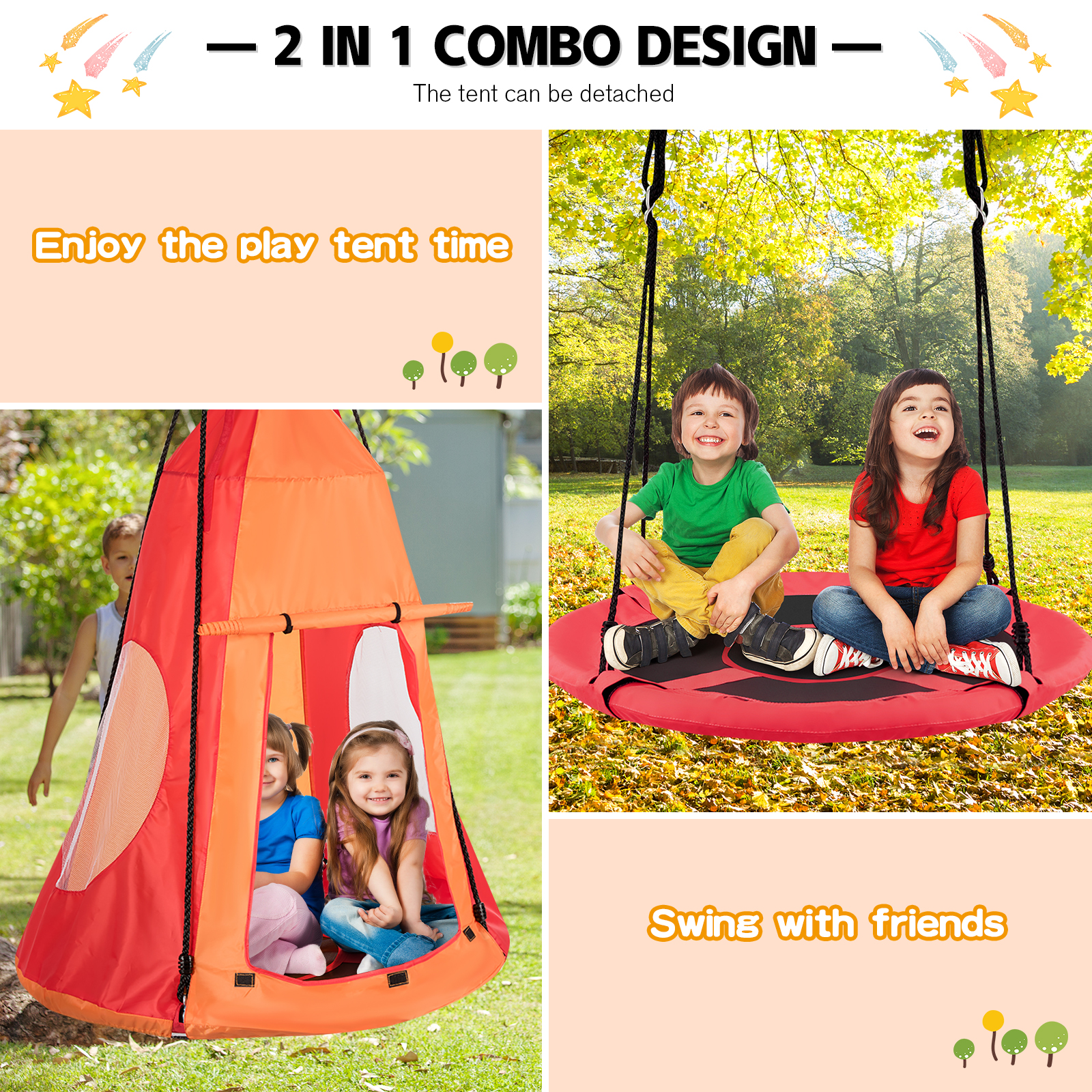 Kinder Hängesessel Schaukel Set 2-in-1 abnehmbares Hängesessel Haus Zelt - Bild 30 von 48