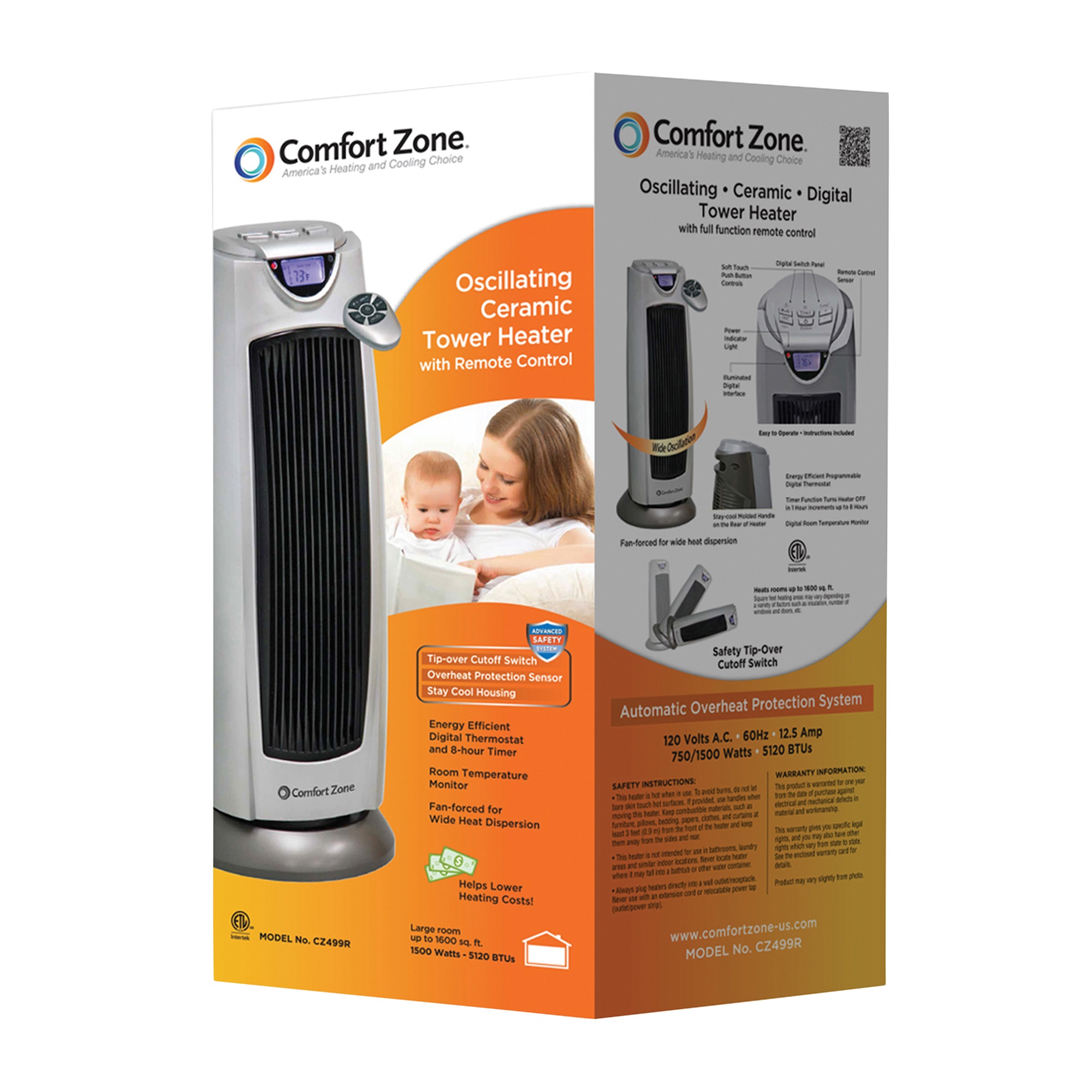 Comfort Zone CZ499R Ceramic Oscillating Digital Tower Heater with