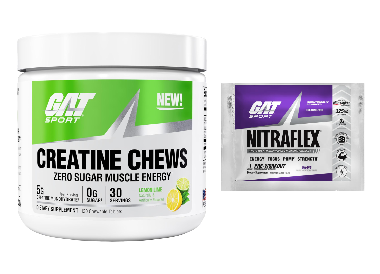 GAT Creatine Chews Zero Sugar 5g Creatine 30 Servs + Nitraflex Sample Choose