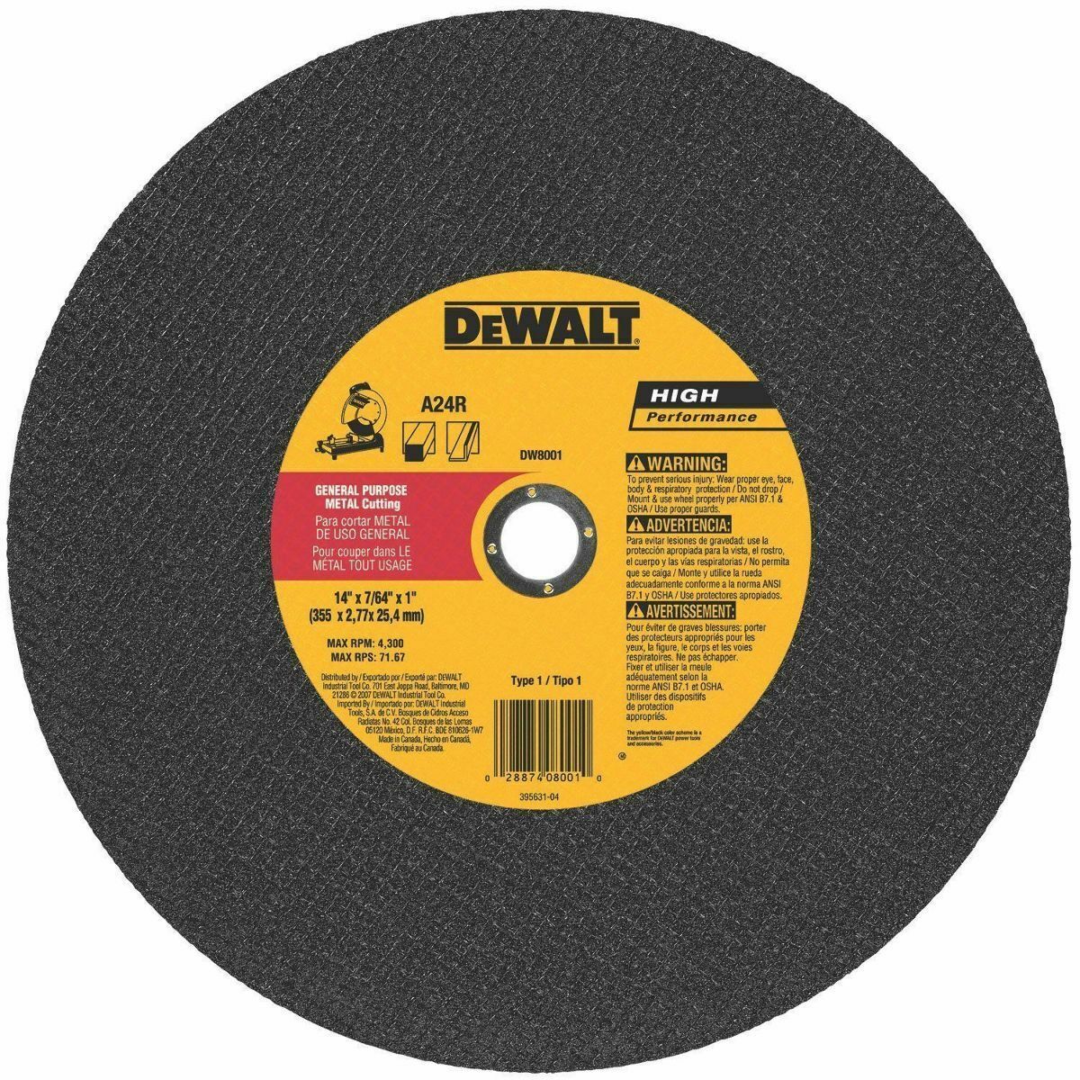 DeWalt DW8001 General Purpose Metal Cutting Chop Saw Wheel 14" x 7/64