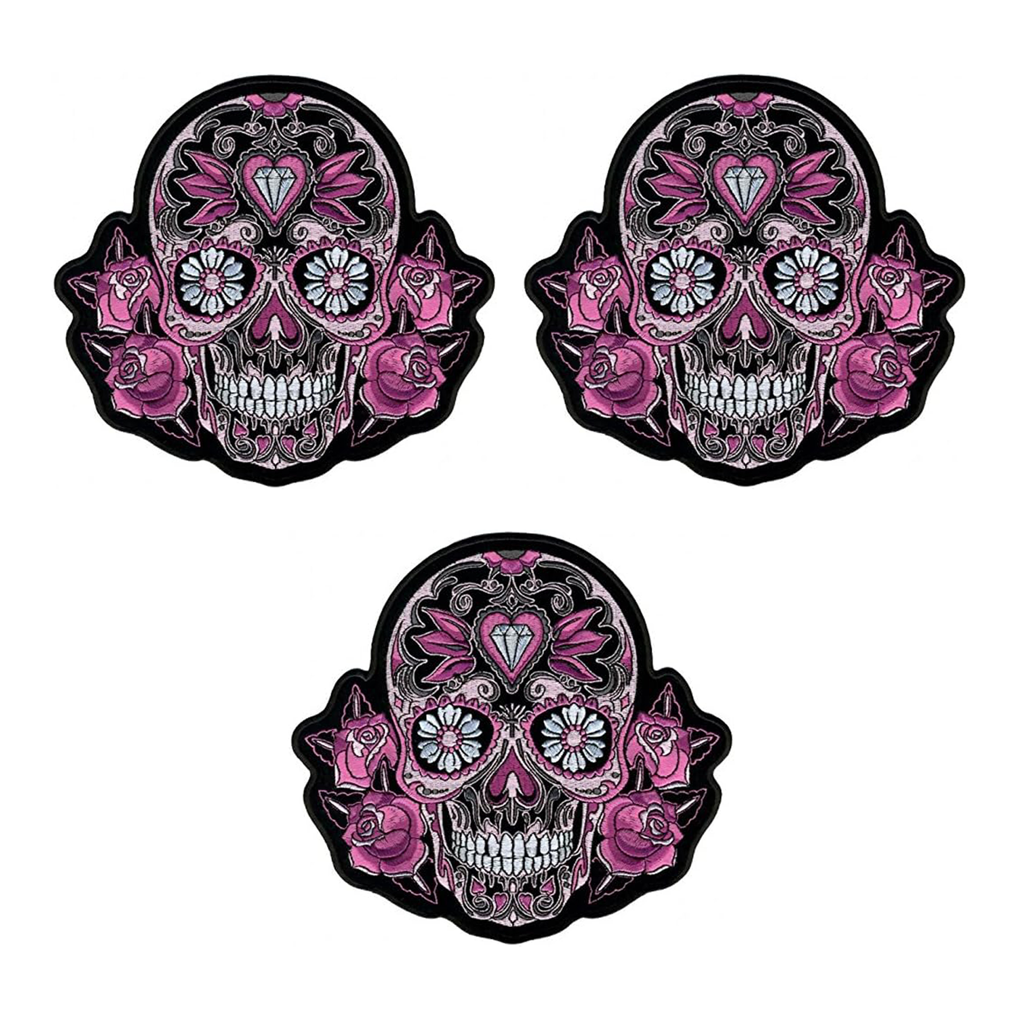 Pink Sugar Skull And Roses - Iron-On / Sew-On Embroidered Rayon 