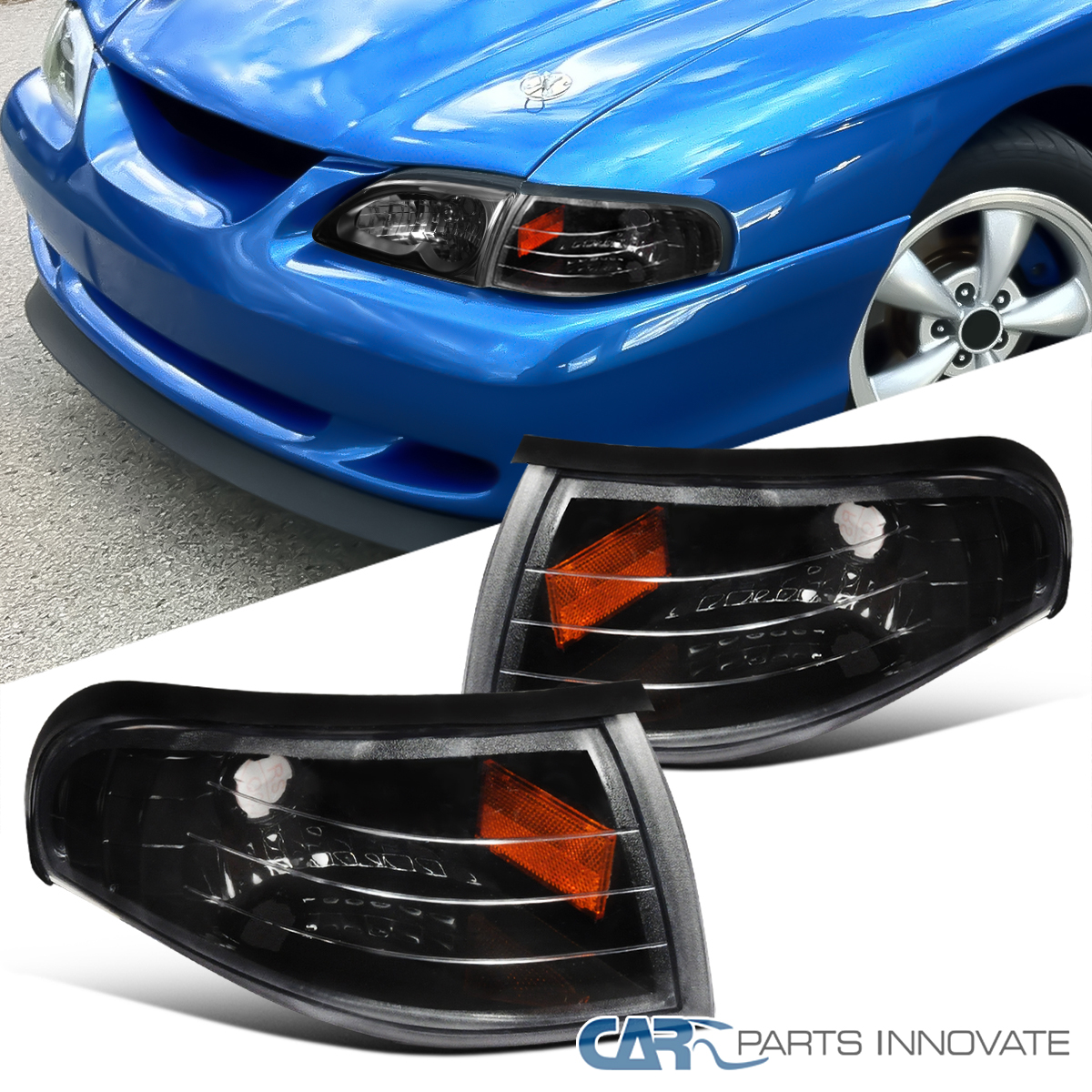 Black Housing Corner Lights For 1994-1998 Ford Mustang - Direct Replacement Signal & Parking Lights