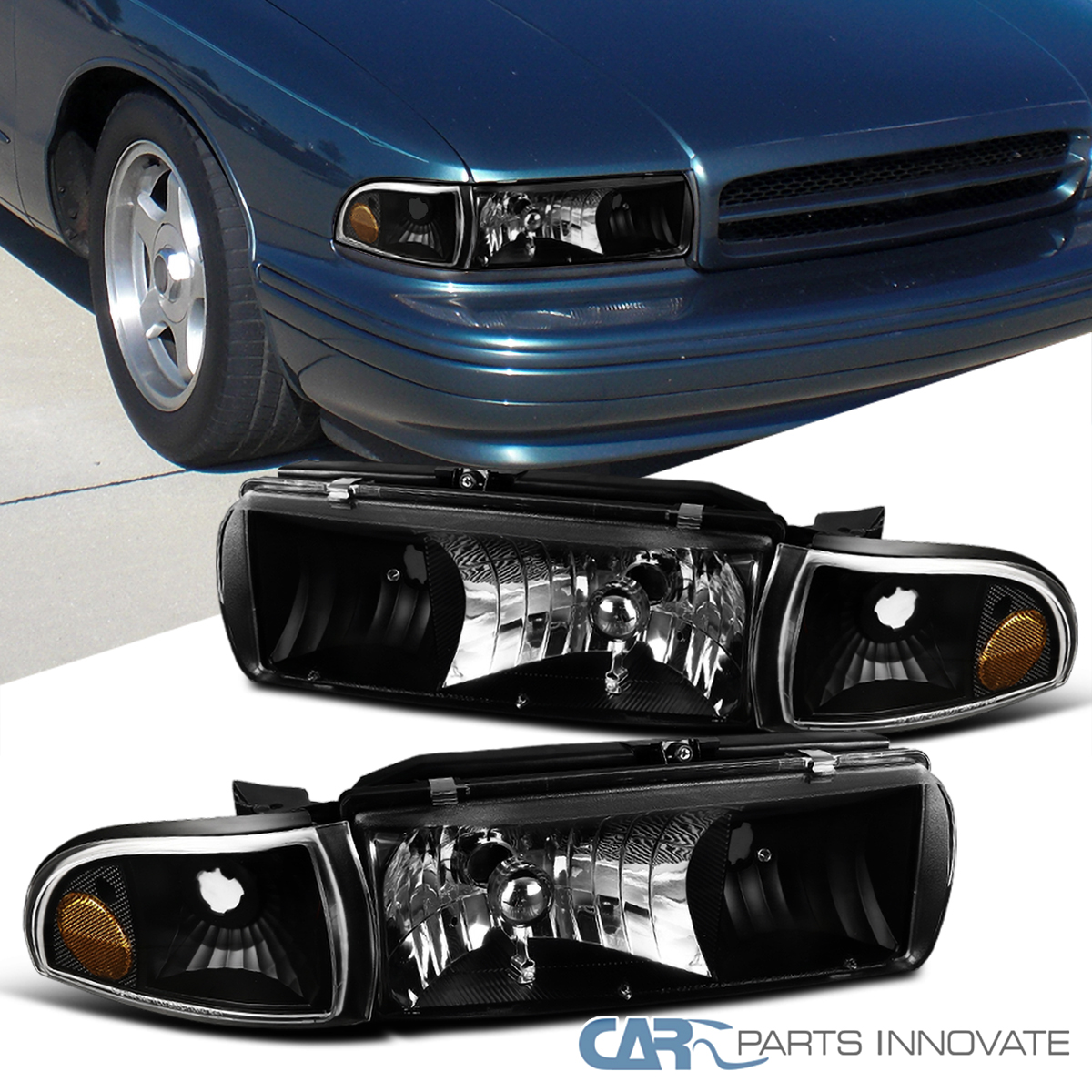 Fits 1991-1996 Chevy Caprice 94-96 Impala Black Headlights+Corner