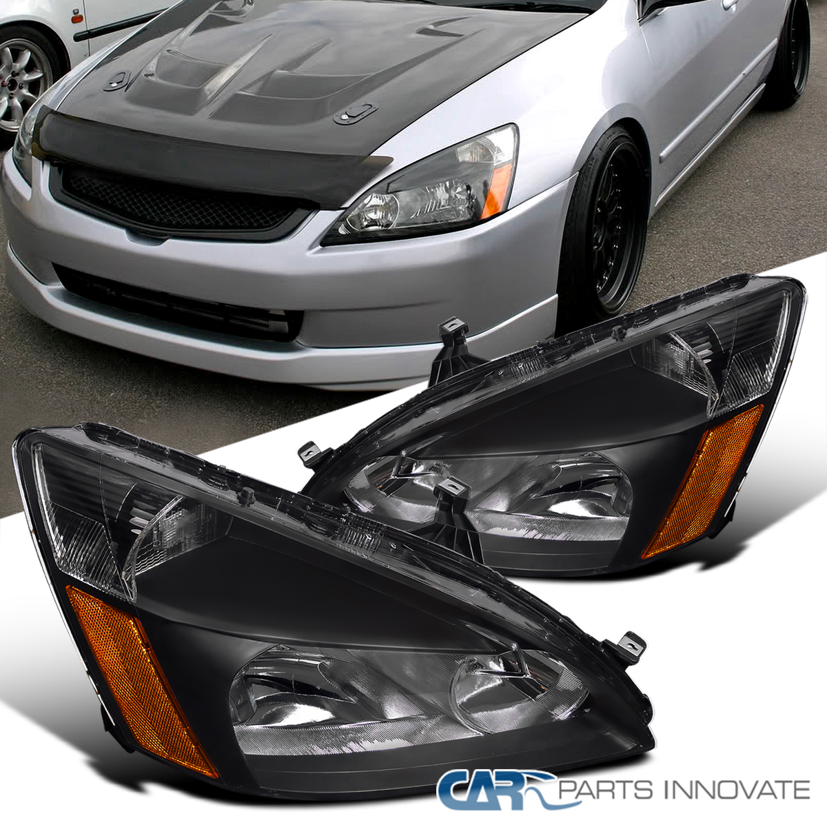 Replacement for 03-07 Honda Accord Pair of Black Housing Amber Corner Replacement Headlights//Lamps