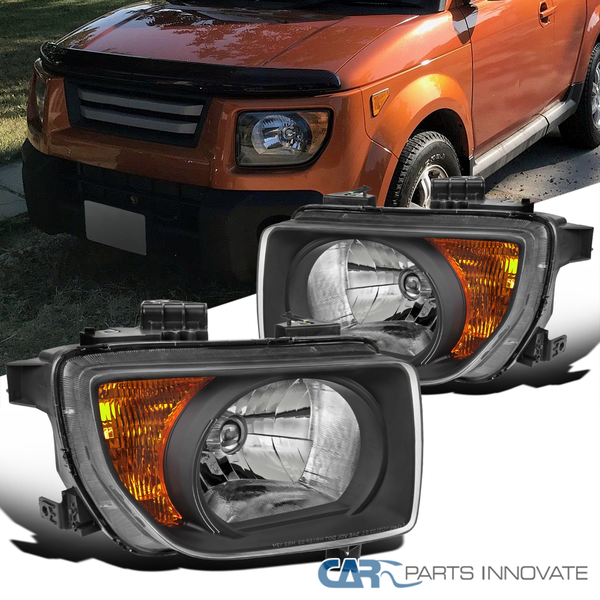 Fits 2003-2008 Honda Element Black Headlights Left+Right Pair