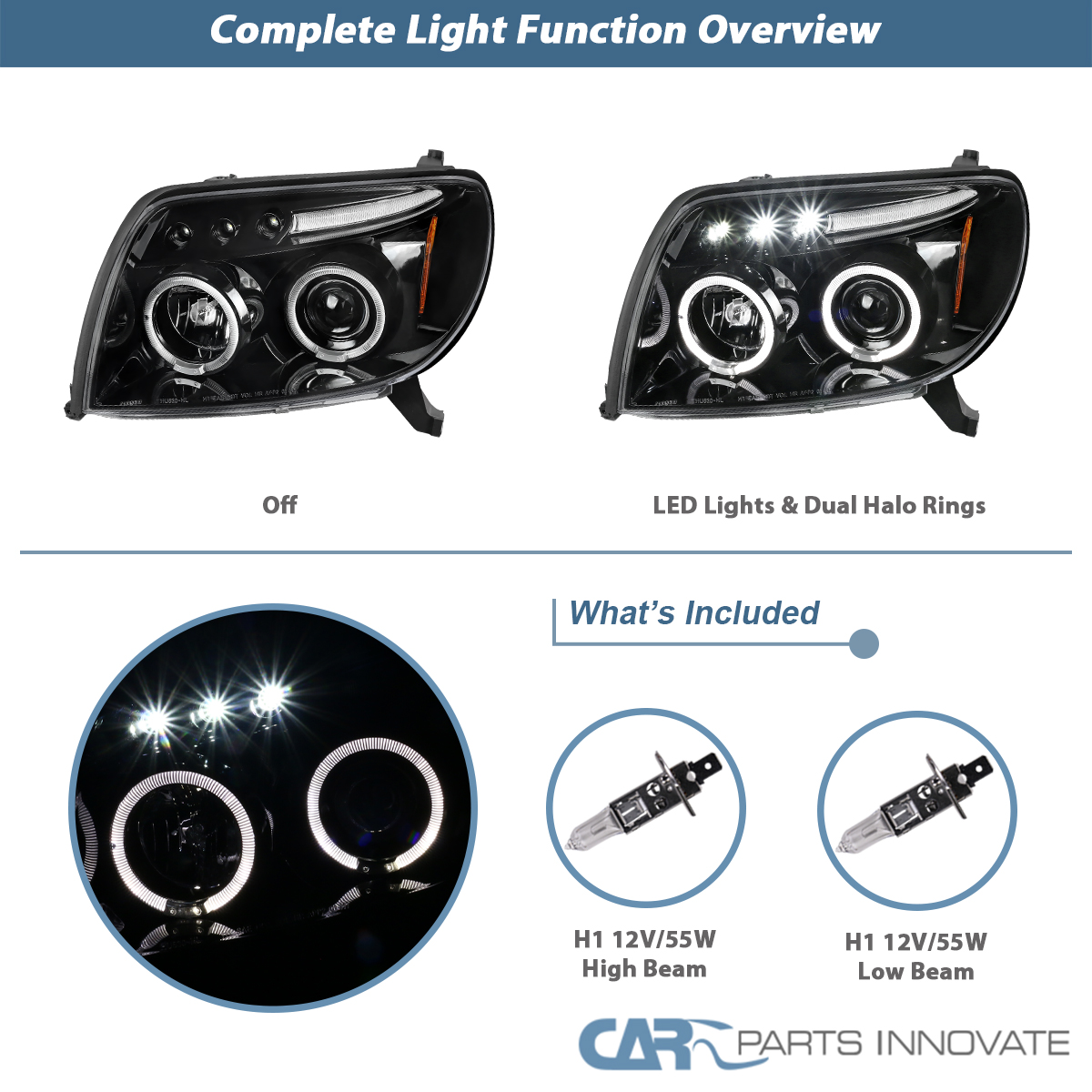 Pearl Black Fits 2003-2005 Toyota 4Runner LED Halo Projector