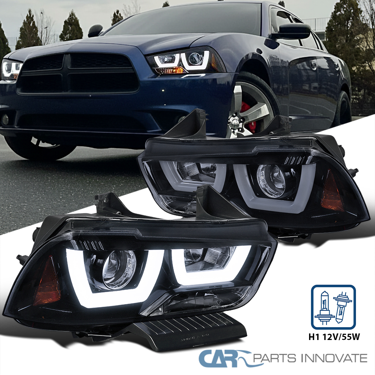 Dodge Charger Spec-D Smoked Black DRL Projector Headlights