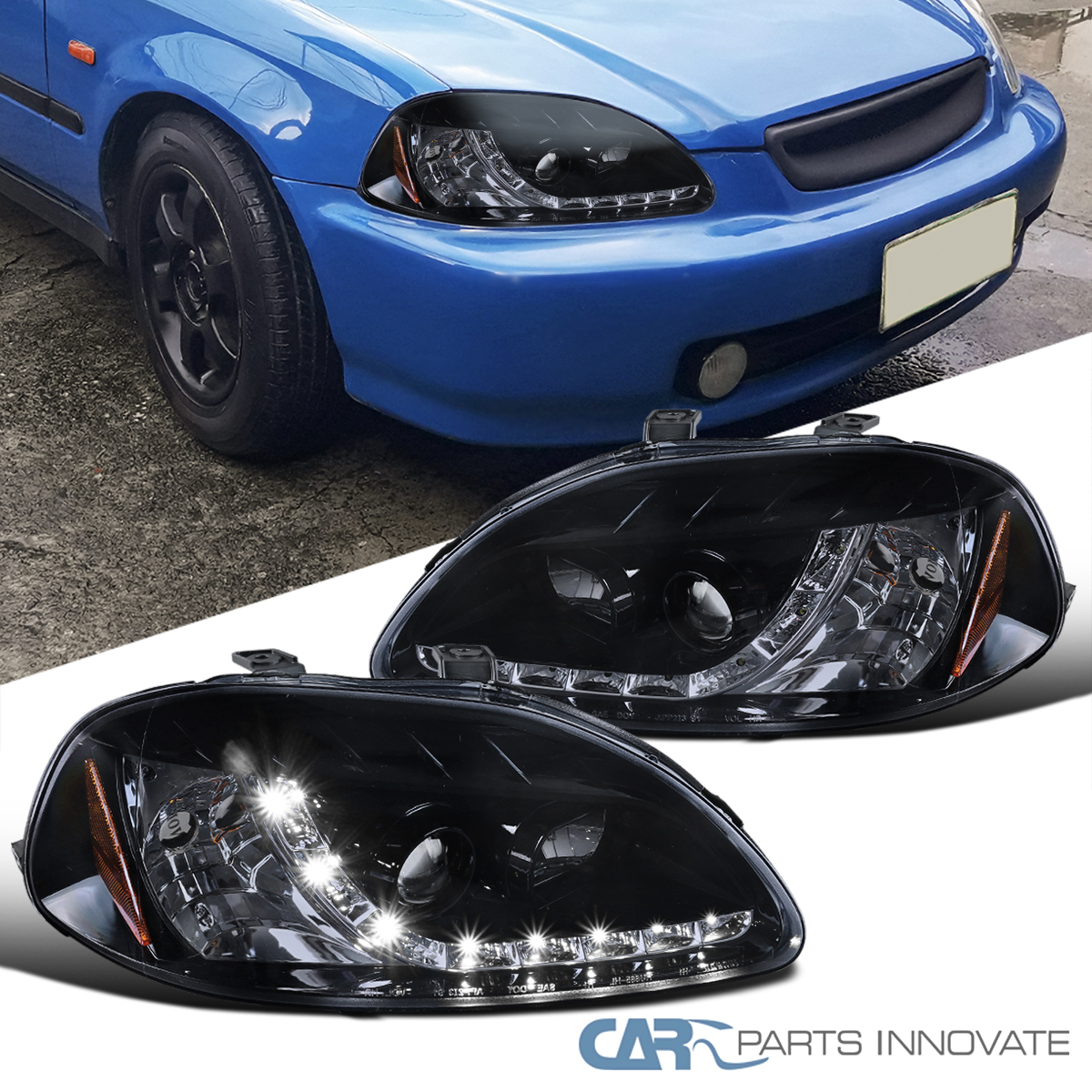 Fit 96-98 Honda Civic 2/3/4Dr Glossy Black LED DRL Projector