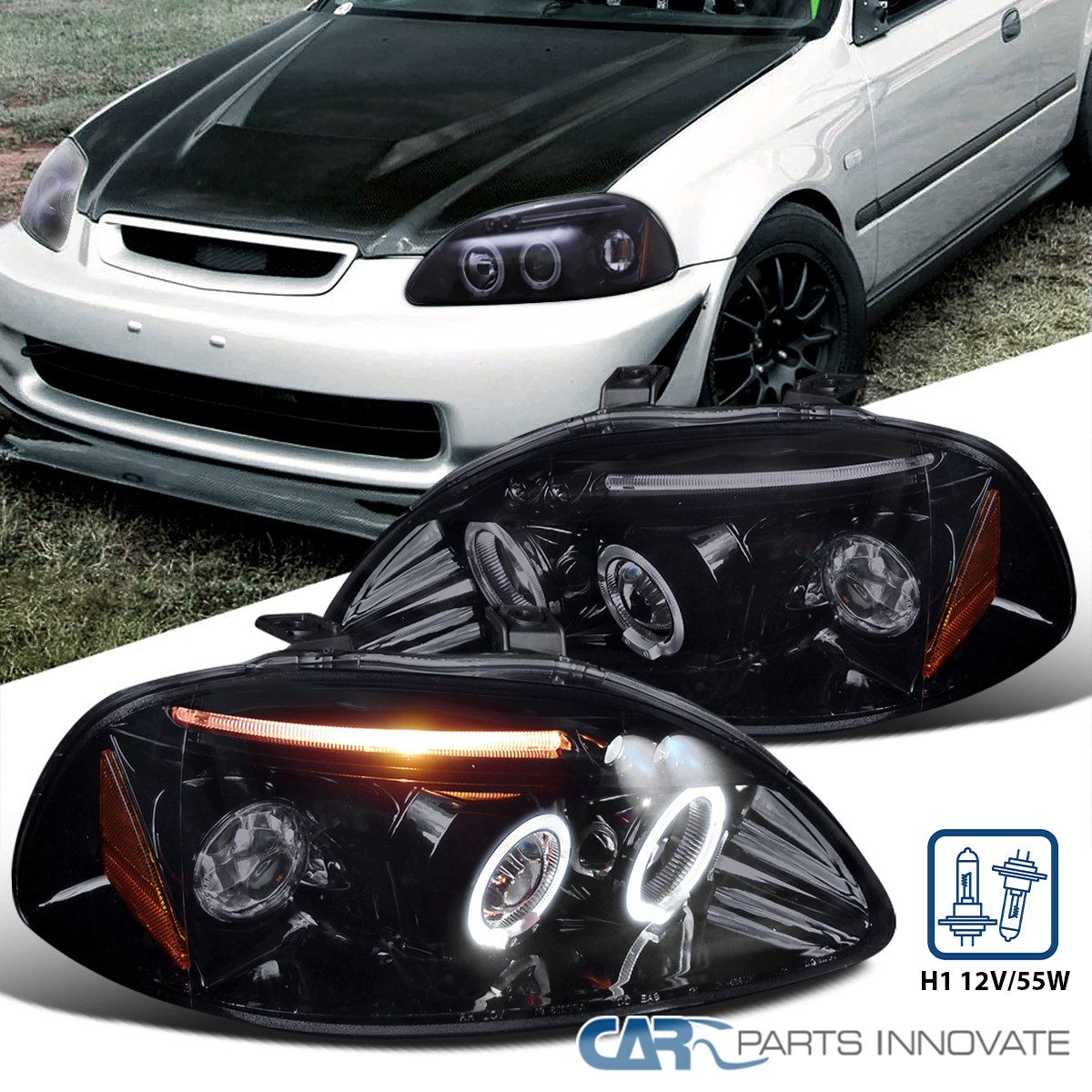 Black Fits 1996-1998 Honda Civic LED Halo Projector Headlights