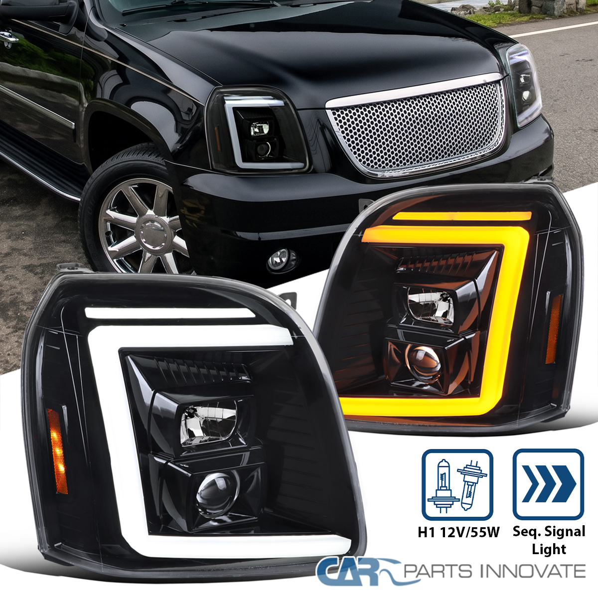 Autozensation Slick Black Projector Headlights For 2007-2014 GMC Yukon XL 1500 – LED Sequential