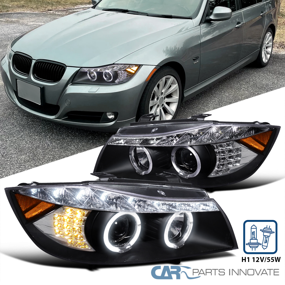 Black Fits 2006-2008 BMW E90 325i 328i Sedan LED Halo Projector