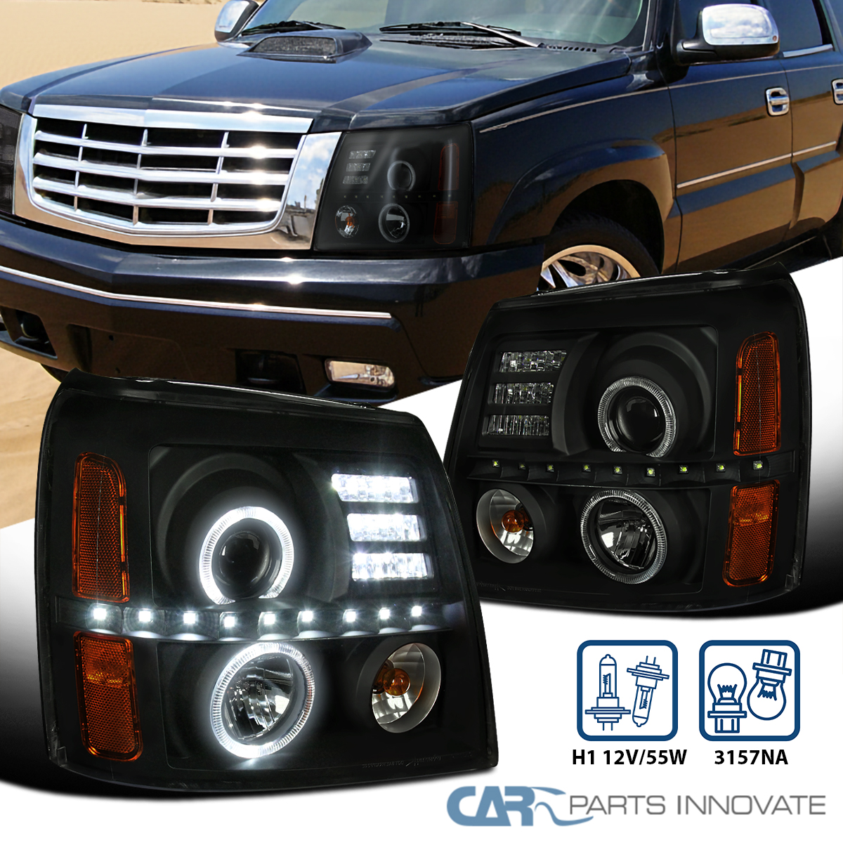 Black Fits 2002-2006 Cadillac Escalade LED Halo Projector