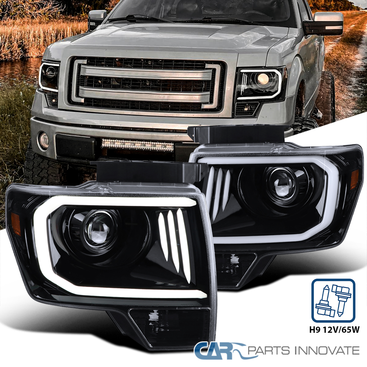 2009-2014 Ford F-150 LED C-Bar Projector Headlights (Jet Black Housing/Clear Lens) - Spec-D Tuning