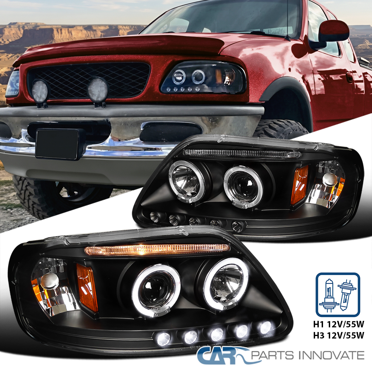 Find 97-03 FORD F150/97-02 EXPEDITION HALO DRL LED BLACK PROJECTOR HEADLIGHT 00 01 02 in