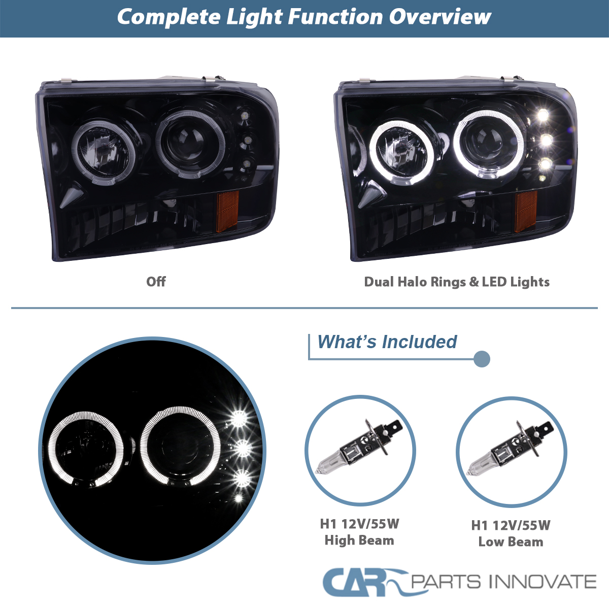 For 99-04 Ford F250 F350 Super Duty Halo LED Black/Smoke Projector