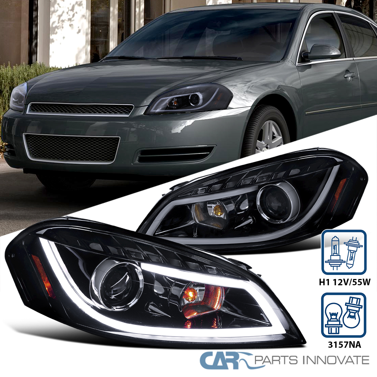 Fits 2006-2015 Chevy Impala Black Smoke Projector Headlights LED