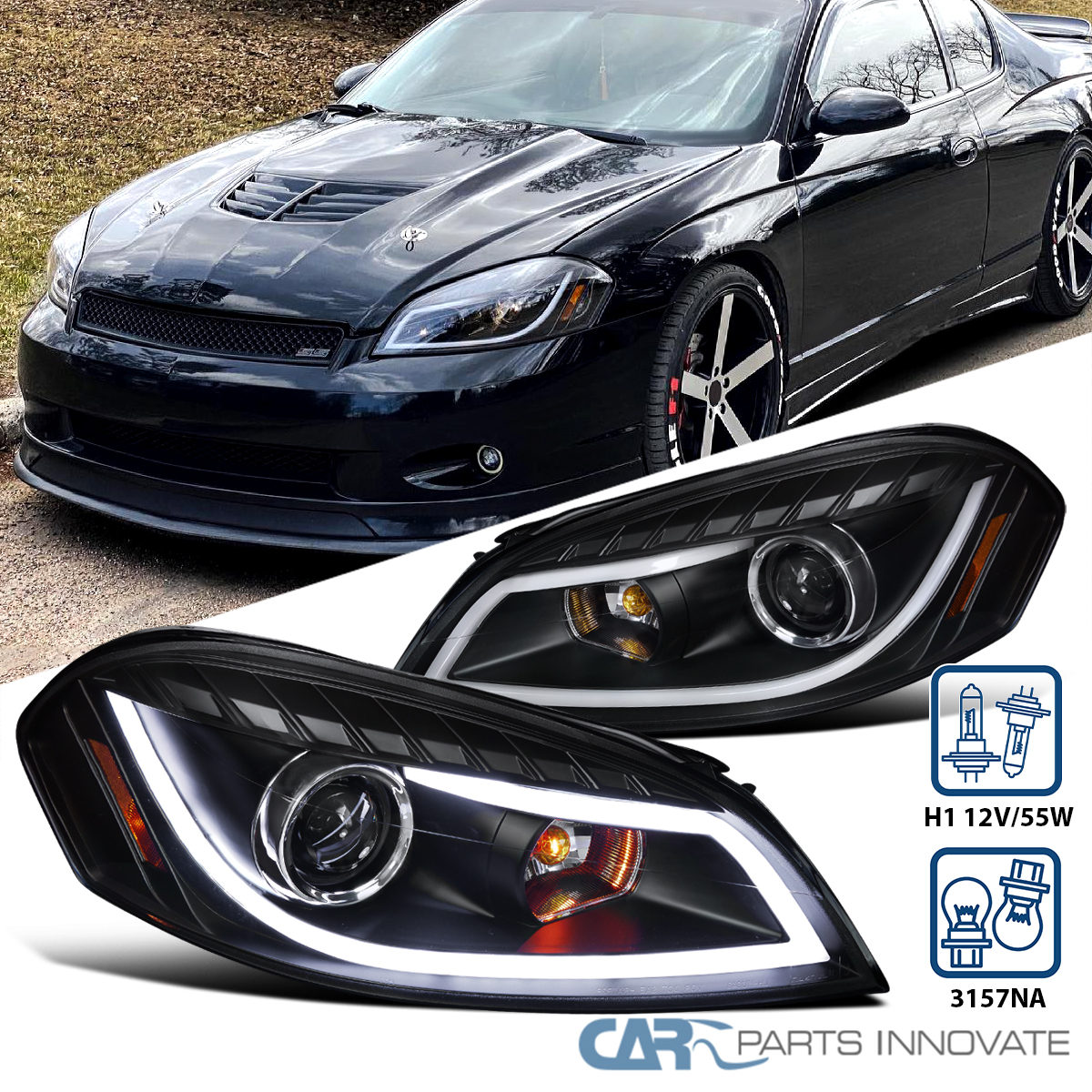 Black Fits 2006-2013 Chevy Impala LED Strip Projector Headlights