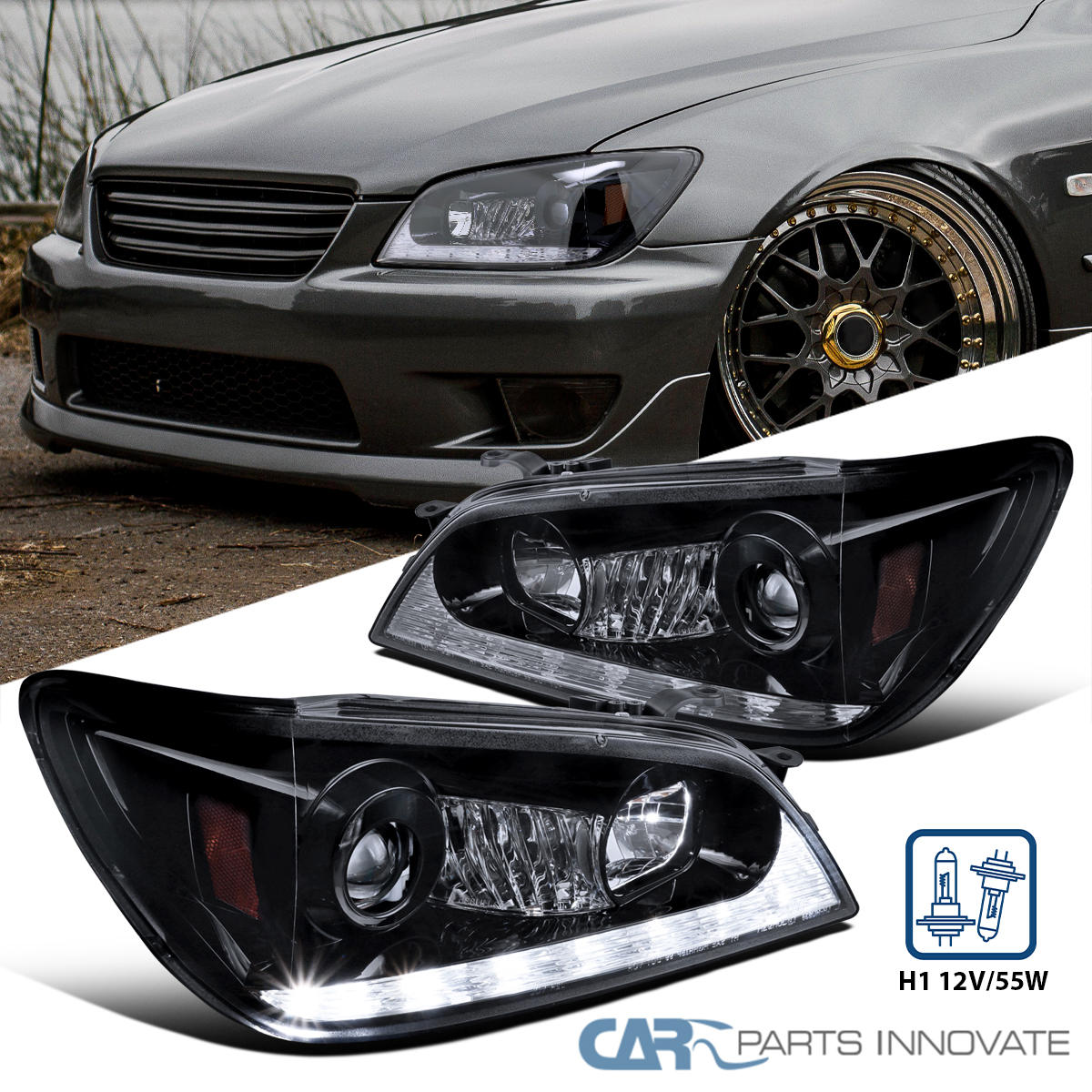 ライト・ランタン 30 Series Lexus IS500 Genuine 3-Eye LED Fits 2001-2005 Lexus IS300 Glossy Black Projector Headlights LED