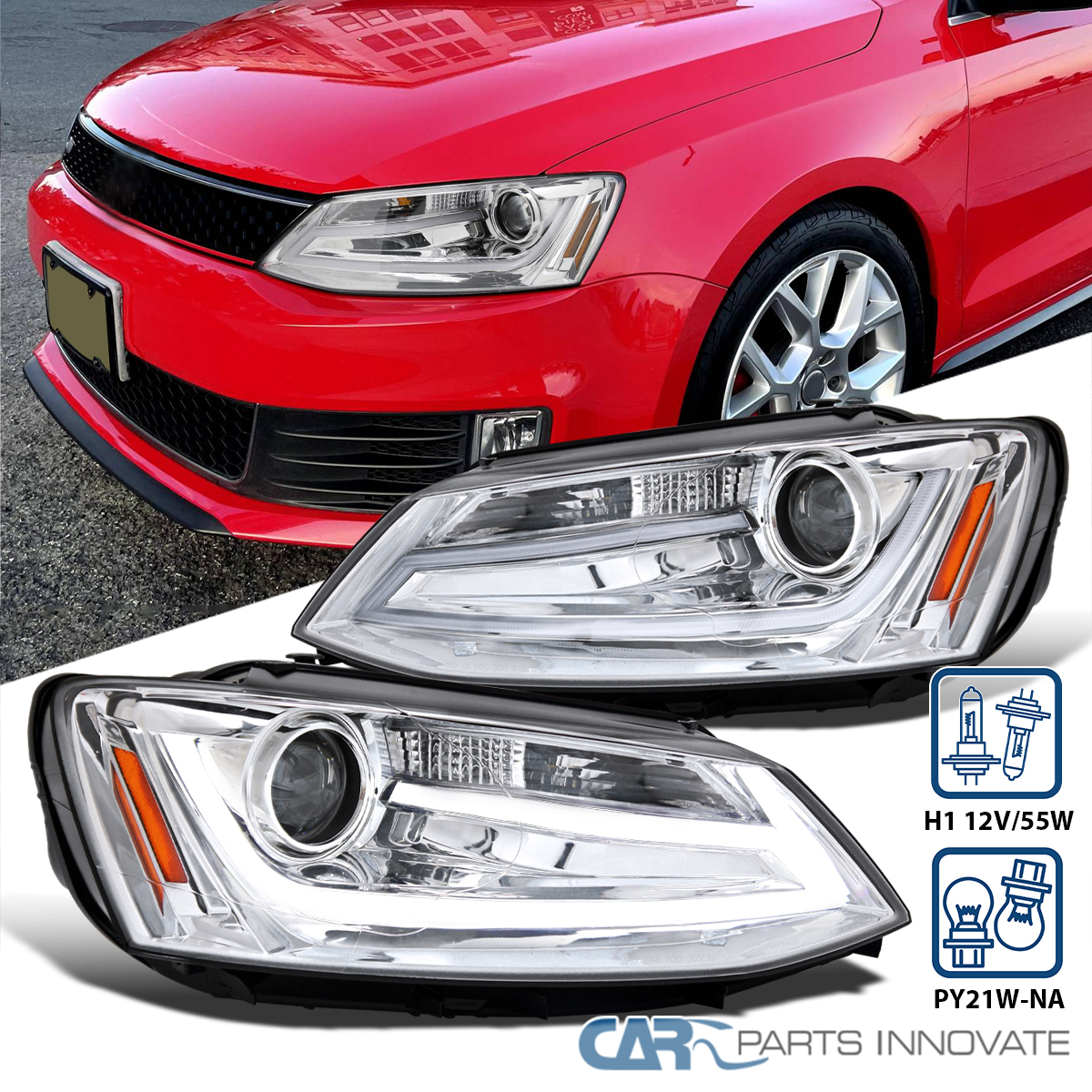 Carpartsinnovate Smoke Projector Headlights With LED Bar For VW Jetta 2011-2018 – Glossy Black Housing