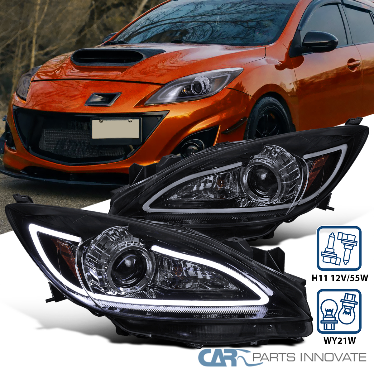 10-13 Mazda 3 Halogen Black Projector Headlights w/ LED DRL Strip