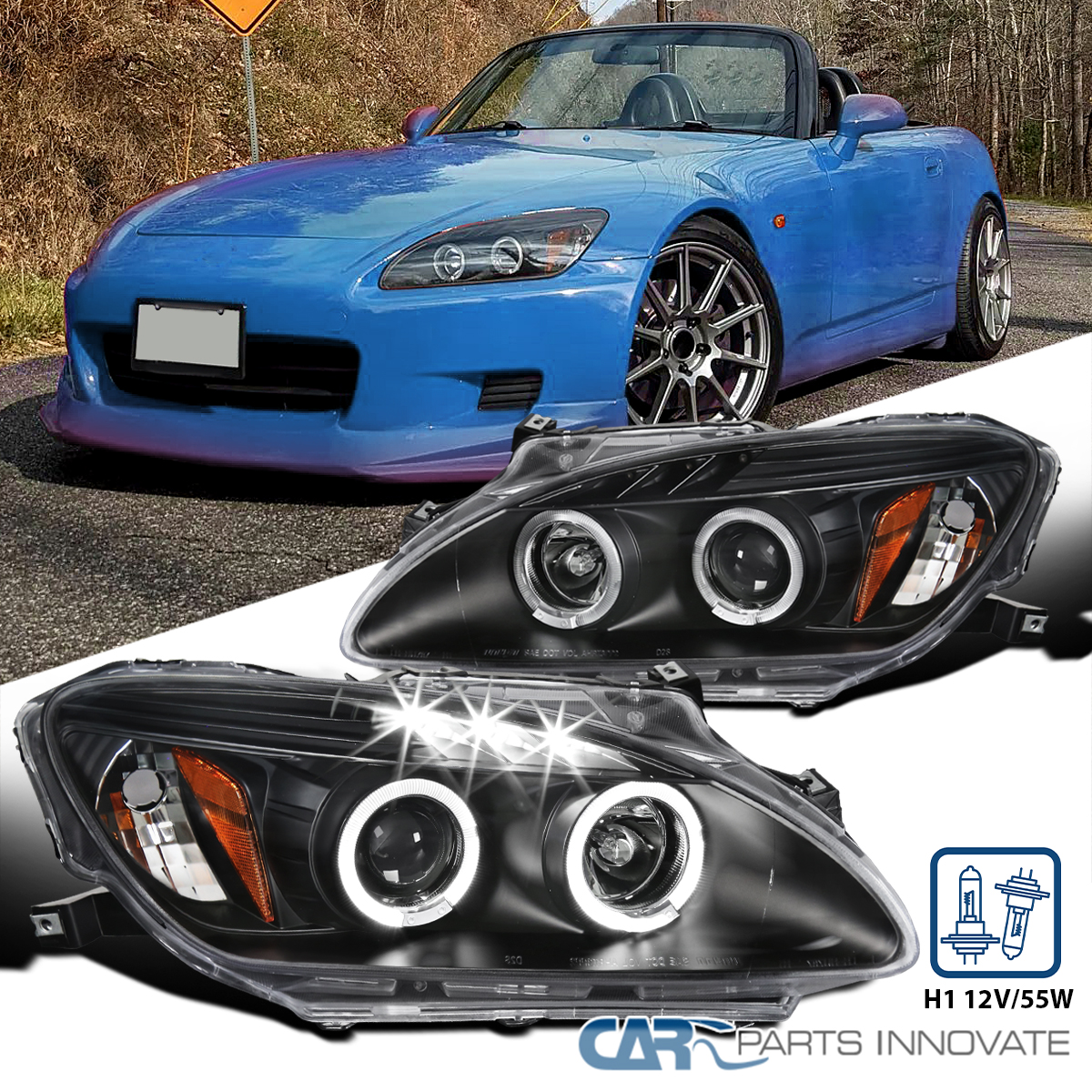 Fit 00-03 Honda S2000 S2K AP1 Black LED Dual Halo Projector