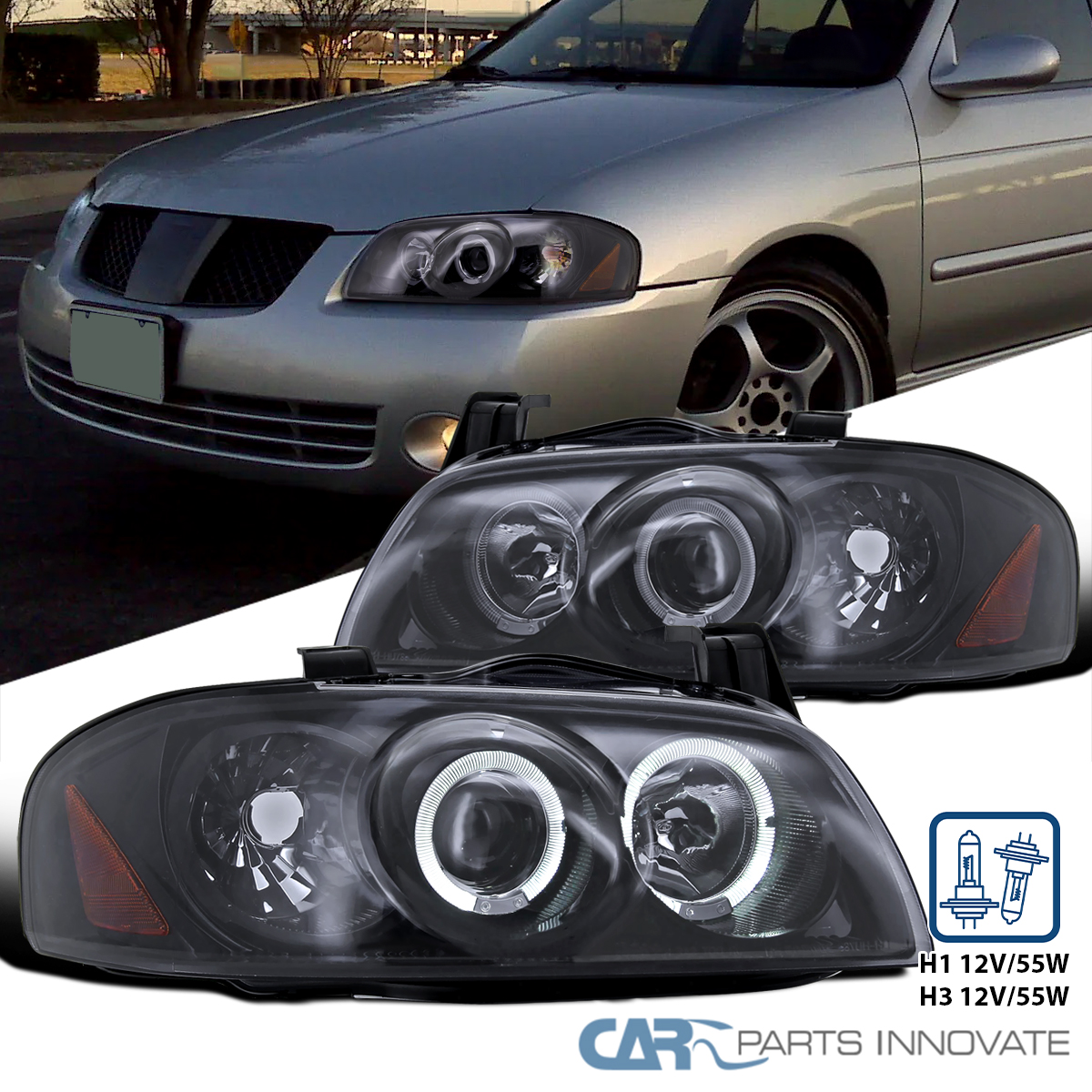 thumbnail interactive-video image 1 of Dotcomracing Black Smoke Halo Projector Headlights For 2000-2003 Nissan Sentra W/ LED Lamps 1 of 4