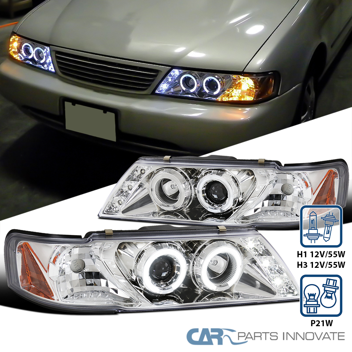 For Nissan 9599 Sentra 200SX Clear LED DRL Halo Projector Headlights