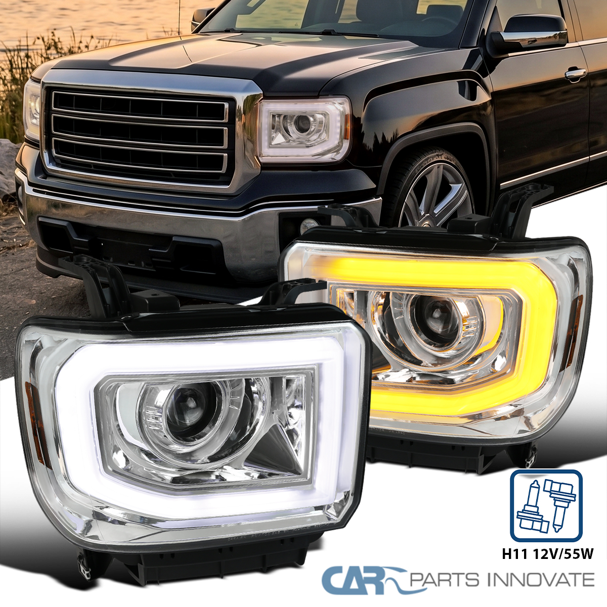 thumbnail image 2 of LED Strip Projector Headlights For 2014-2019 GMC Sierra 1500/2500/3500HD – Black Housing, Clear Lens, DOT/SAE 2 of 6
