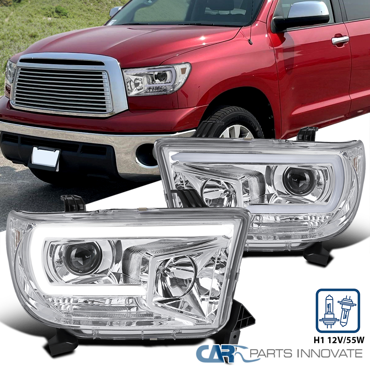 2007-2013 Toyota Tundra/ 2008-2017 Sequoia Switchback Sequential LED C-Bar Projector Headlights (Black Housing/Smoke Lens) - Bulken Off-Road