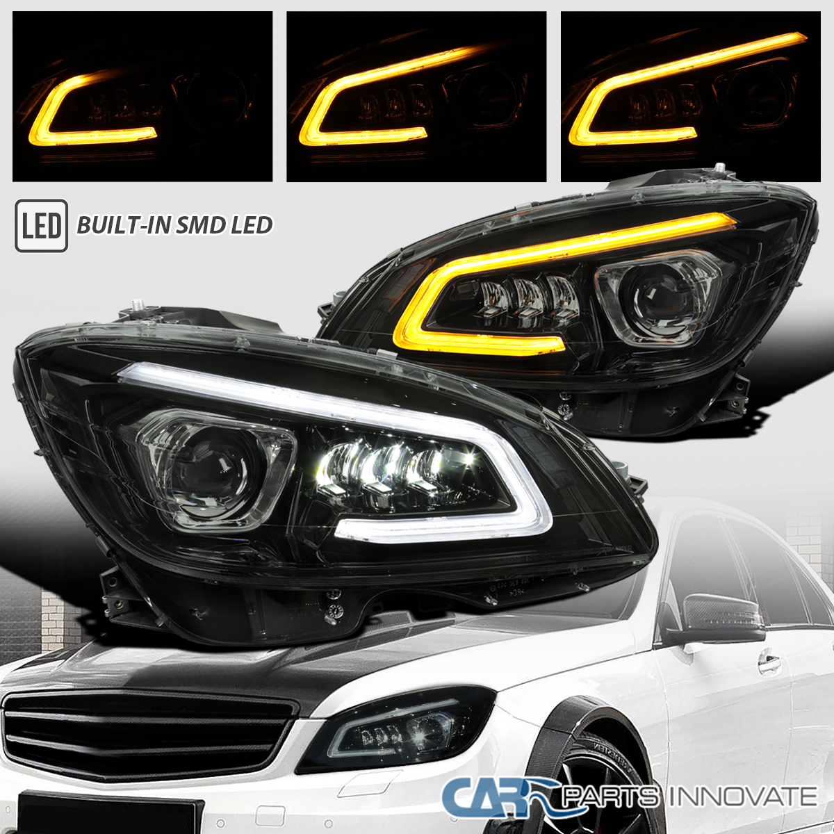 For 2008-2011 Benz W204 C-Class: Full LED Sequential Projector Headlights (Black Housing)