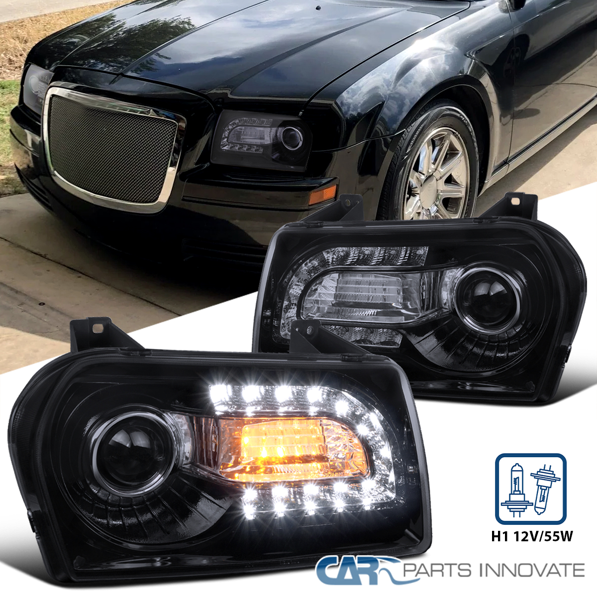 Fits 2005-2010 Chrysler 300 LED Strip Projector Headlights Lamps