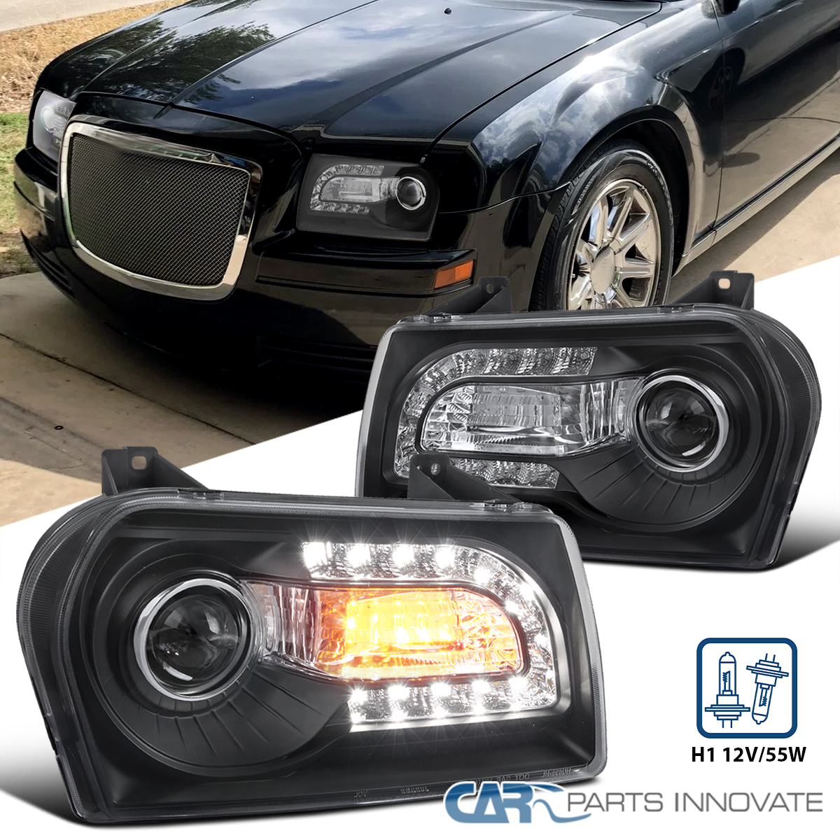 Fits 2005-2010 Chrysler 300 LED Strip Projector Headlights Lamps